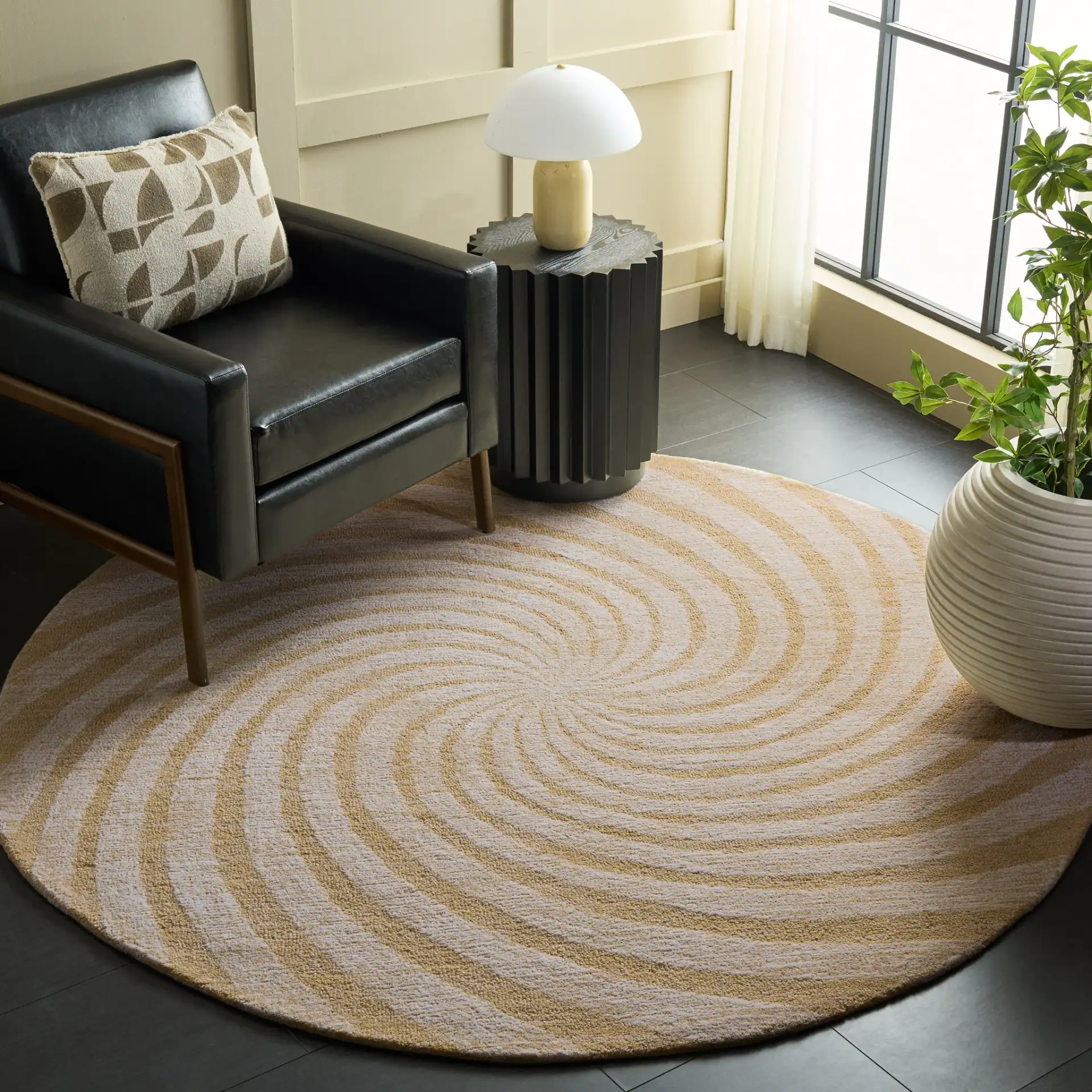 Novelty Spiral Wool Rug in Light Gold / Ivory in a styled room