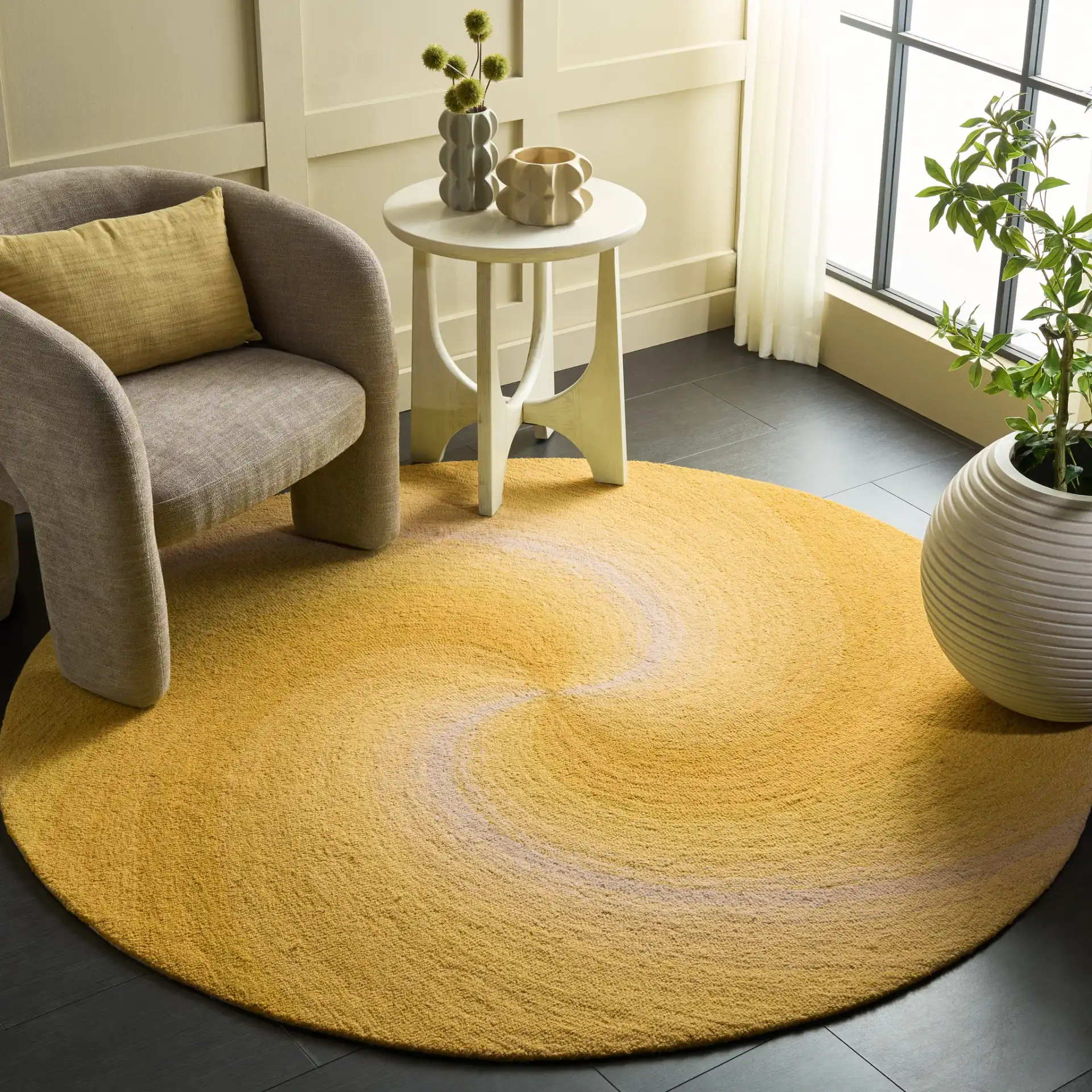 Novelty Swirl Hand-Tufted Wool Rug in Gold / Gray in a styled room
