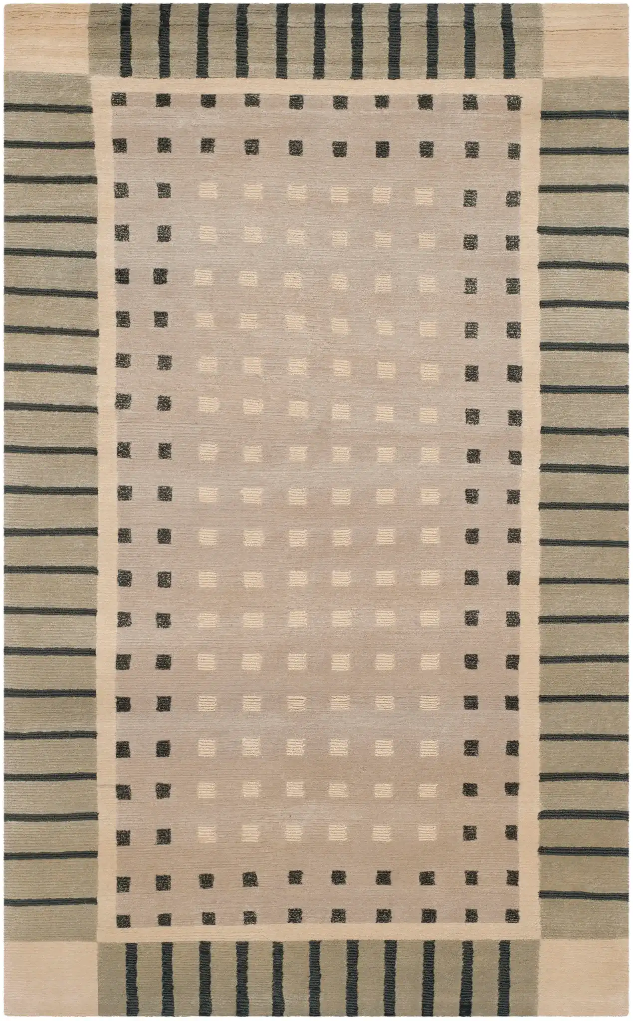 Nepalese Framed Grid Hand-Knotted Wool Rug in Beige