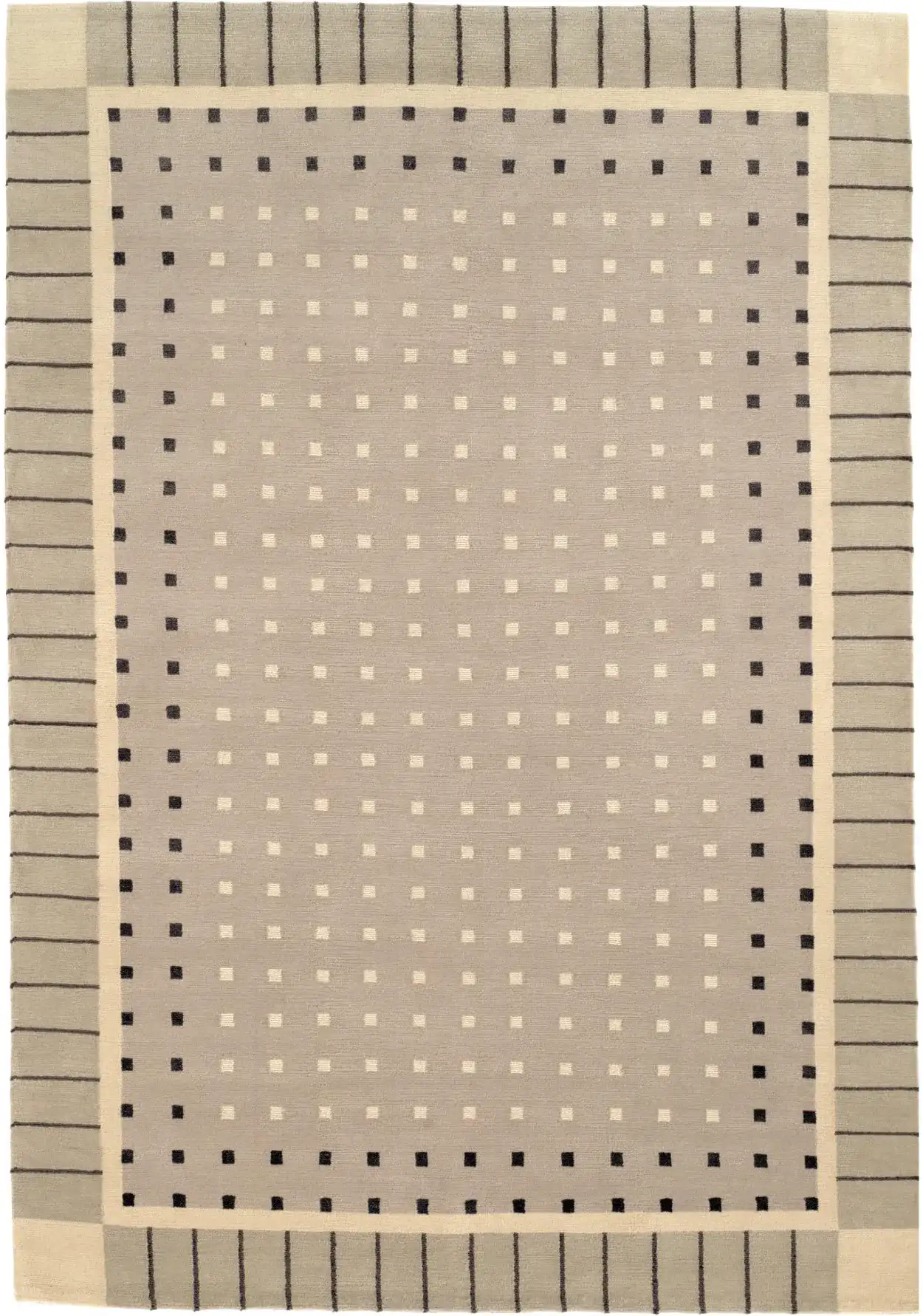 Nepalese Framed Grid Hand-Knotted Wool Rug in Beige, detail view