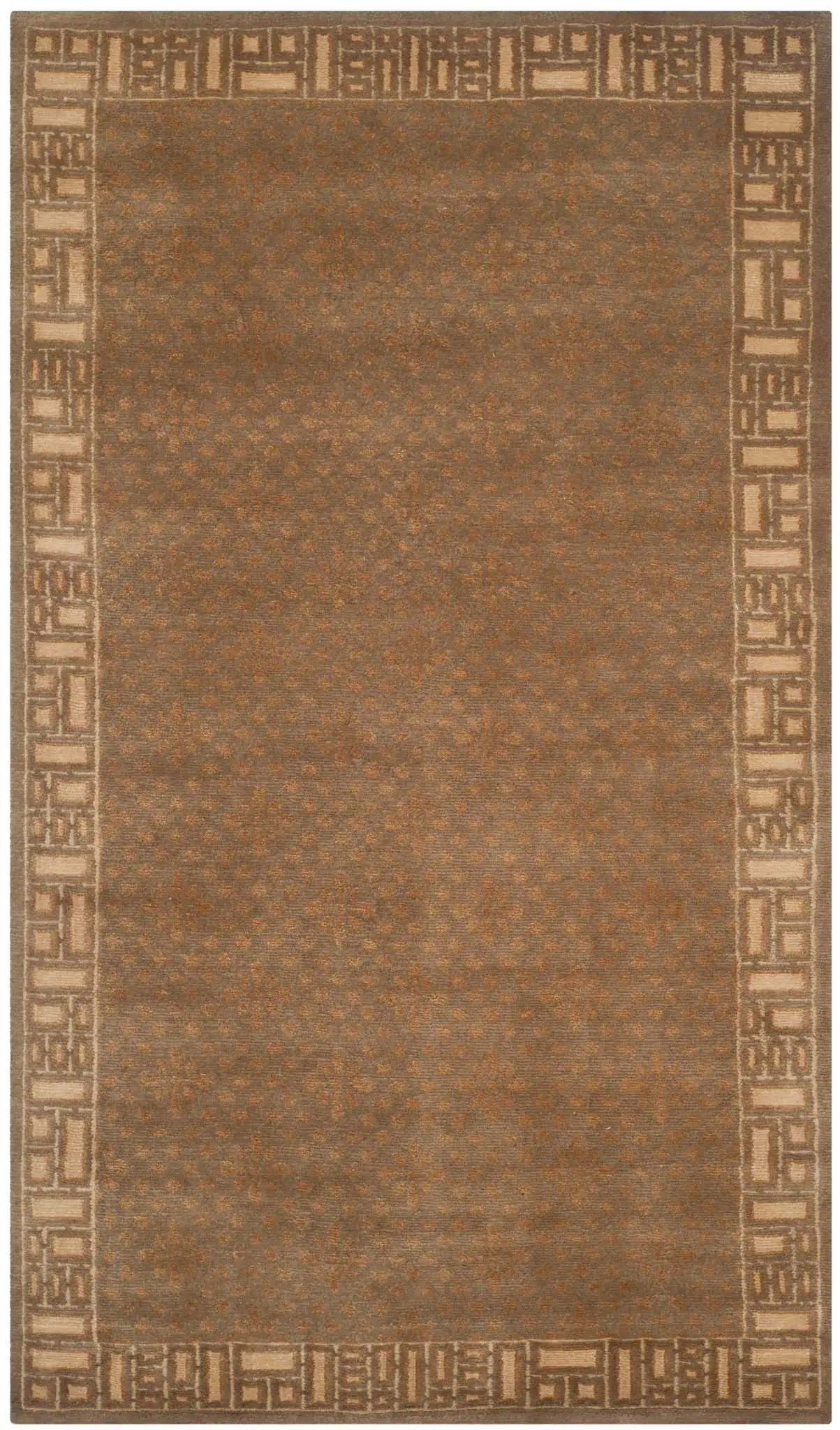 Nepalese Repeating Floral Bordered Hand-Knotted Rug in Green / Ivory
