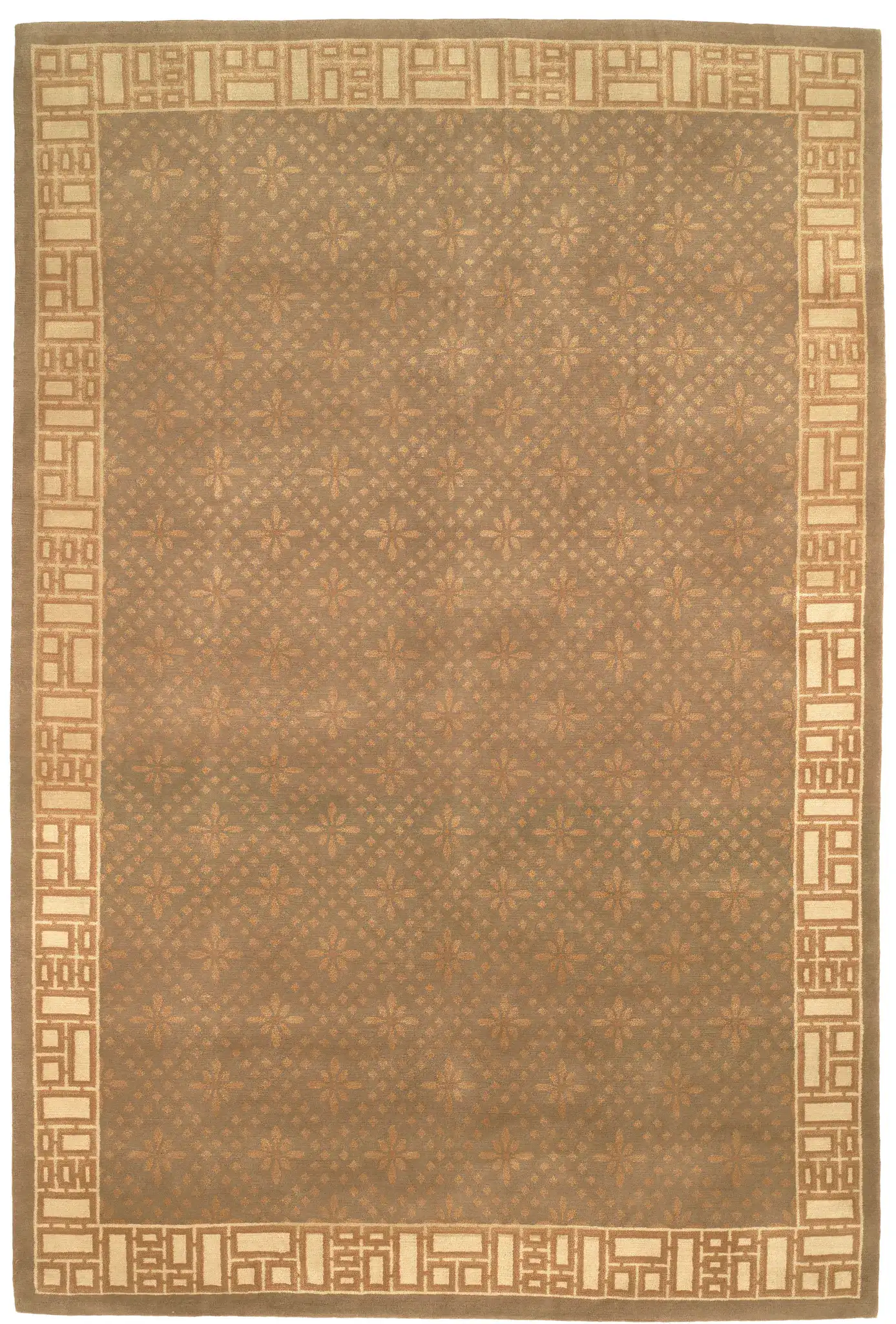 Nepalese Repeating Floral Bordered Hand-Knotted Rug in Green / Ivory, detail view