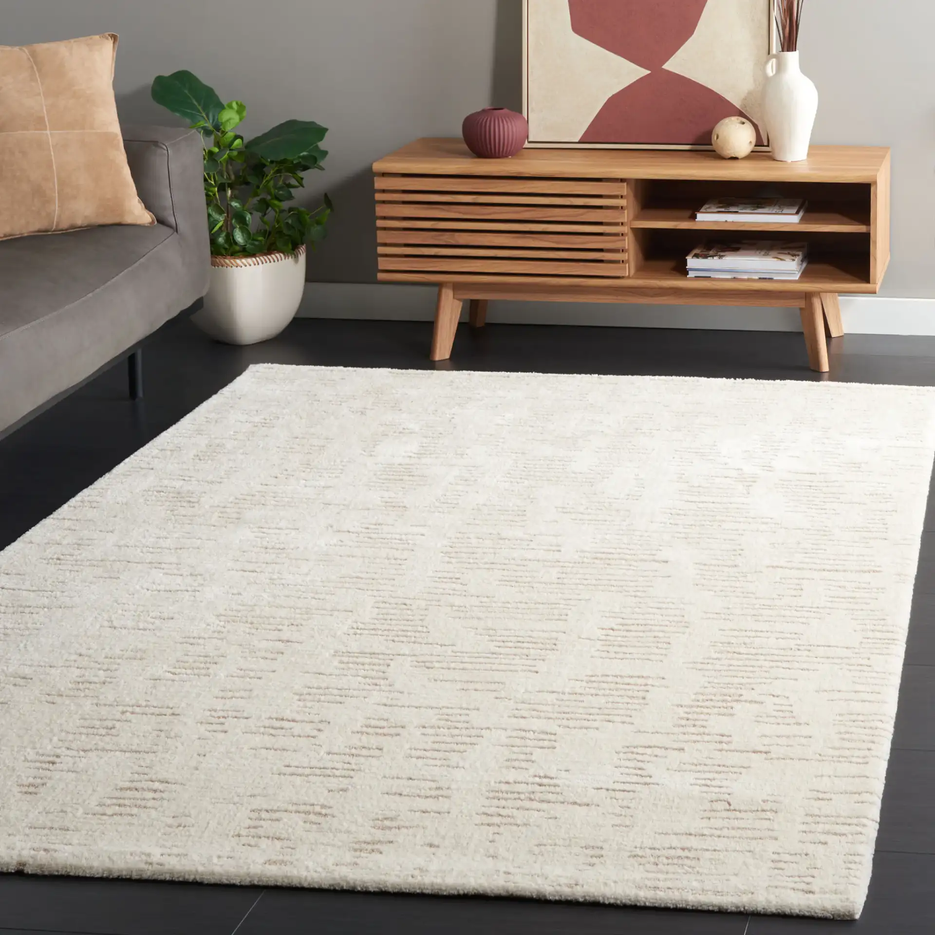Neptune Dashed Stripe Rug in Ivory / Beige in a styled room
