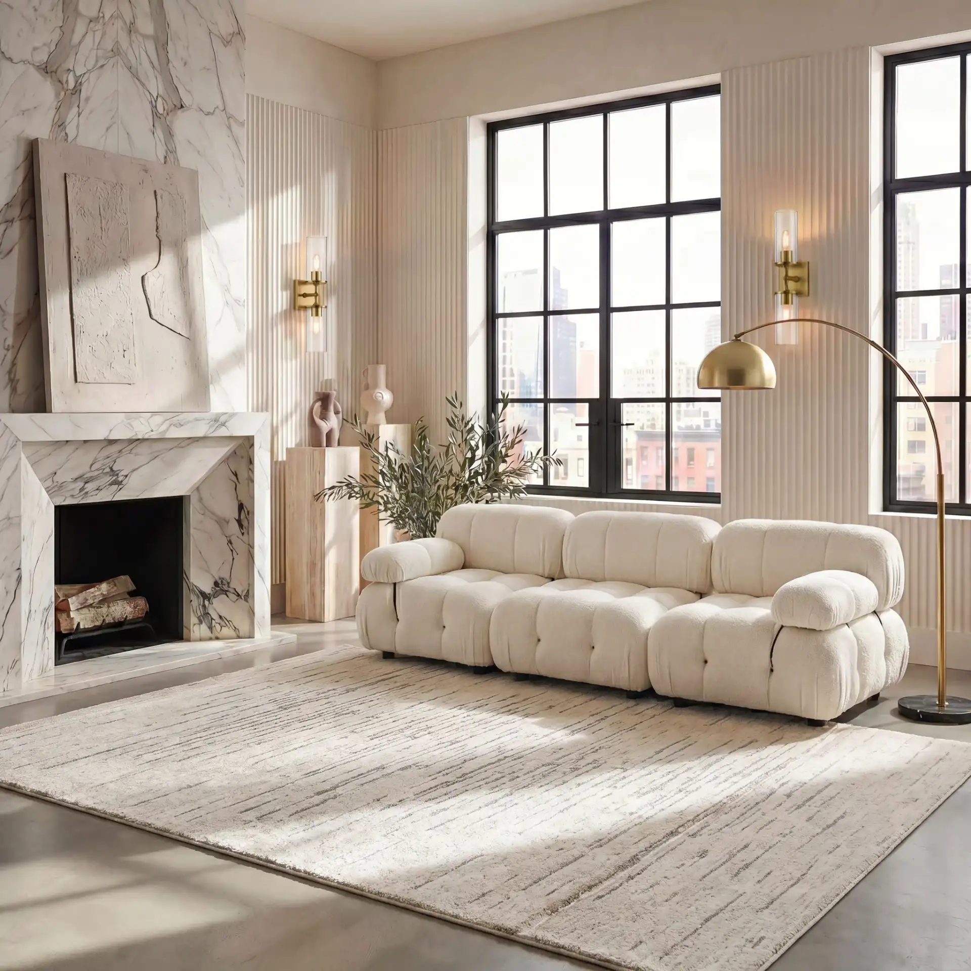 Neptune Broken Stripe Rug in Ivory / Gray in a styled room