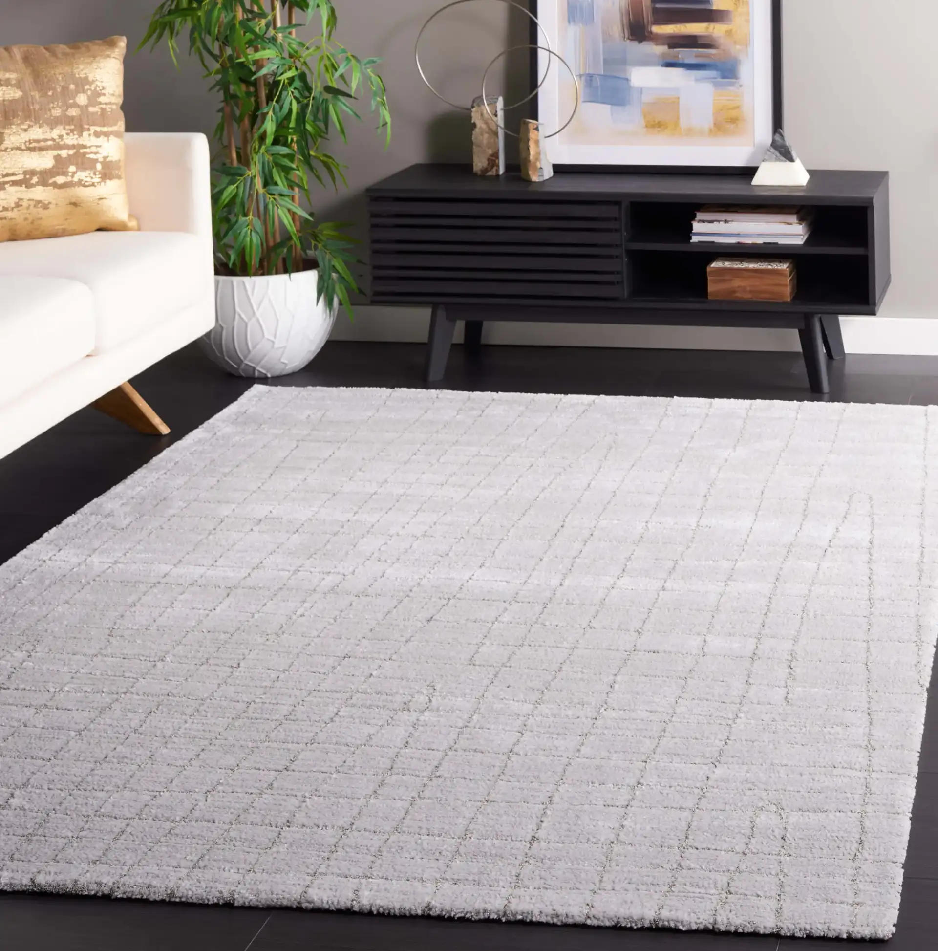 Neptune Grid Rug in Light Gray / Gray in a styled room
