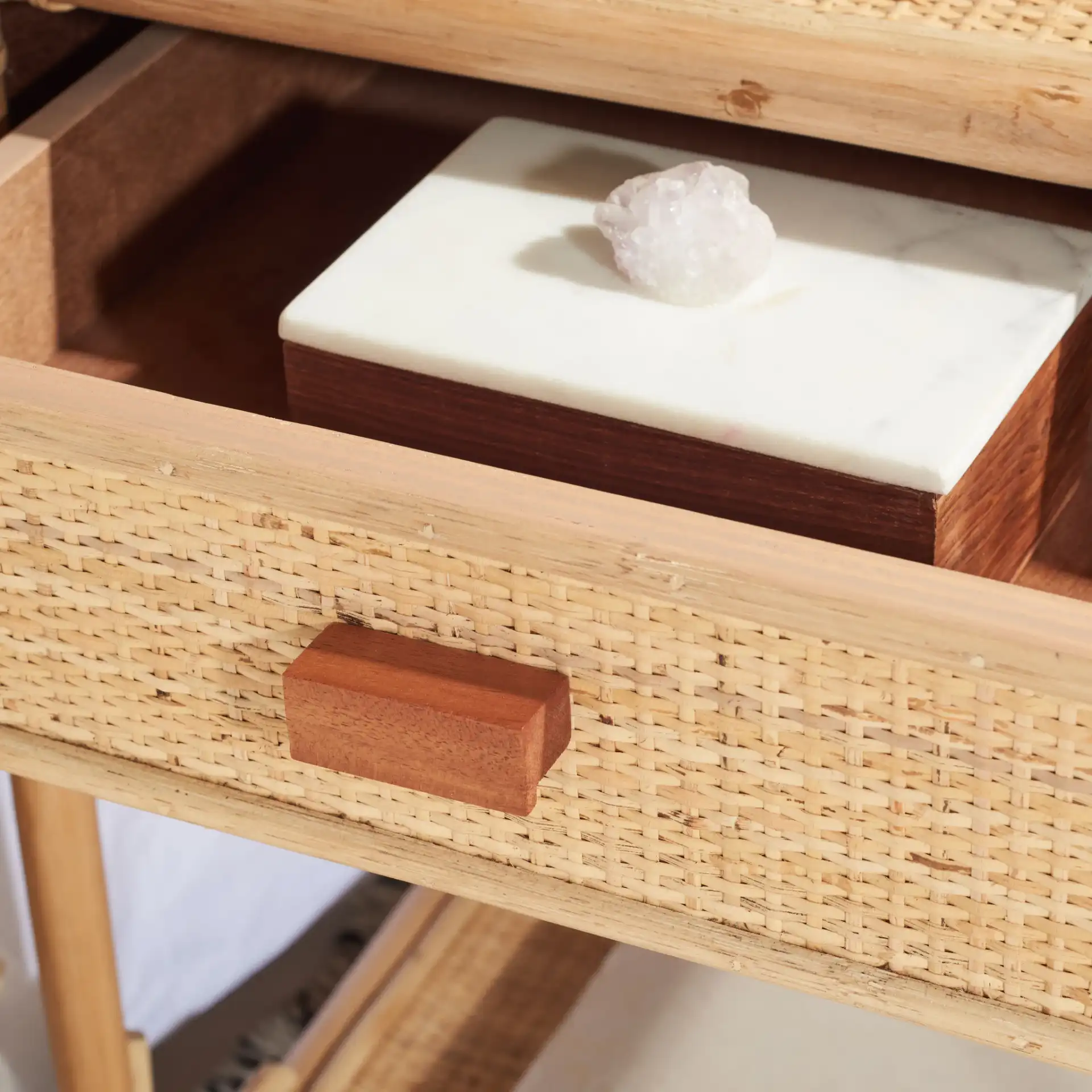 Bea One-Drawer One-Shelf Nightstand in Natural in a styled room