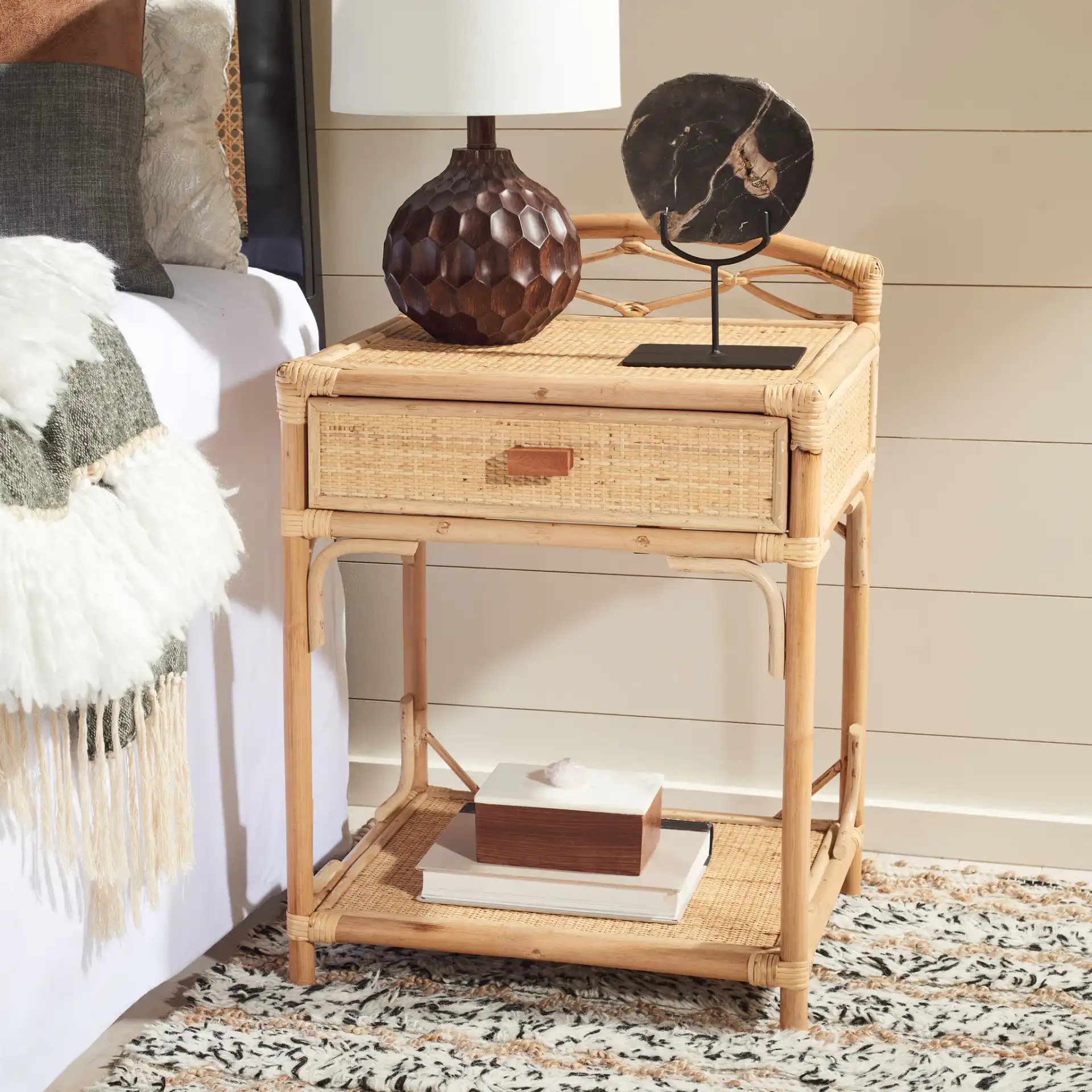 Bea One-Drawer One-Shelf Nightstand in Natural in a styled room