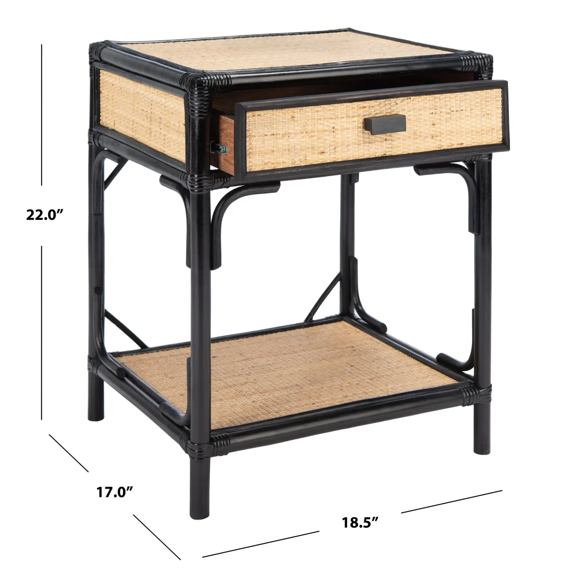 Roya One-Drawer One-Shelf Nightstand in Black / Natural, detail view