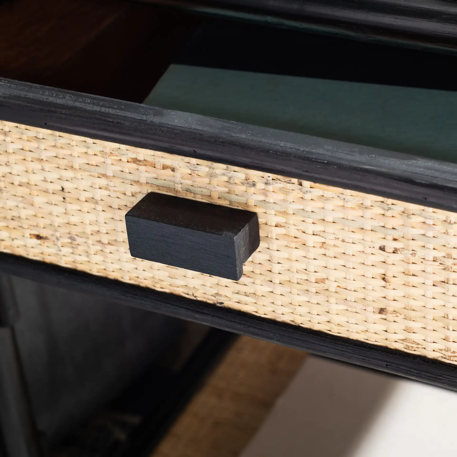 Roya One-Drawer One-Shelf Nightstand in Black / Natural in a styled room