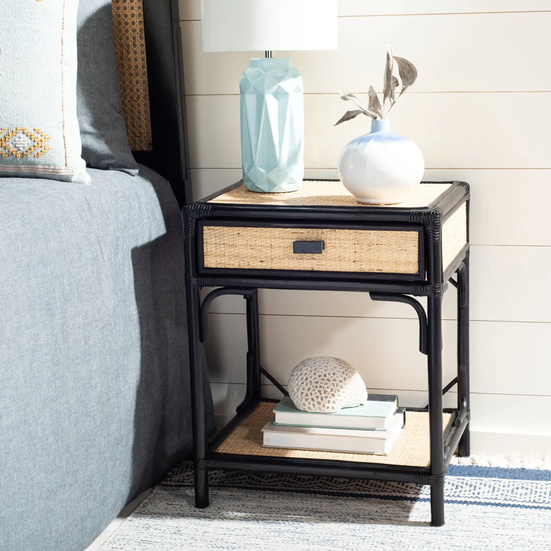 Roya One-Drawer One-Shelf Nightstand in Black / Natural in a styled room