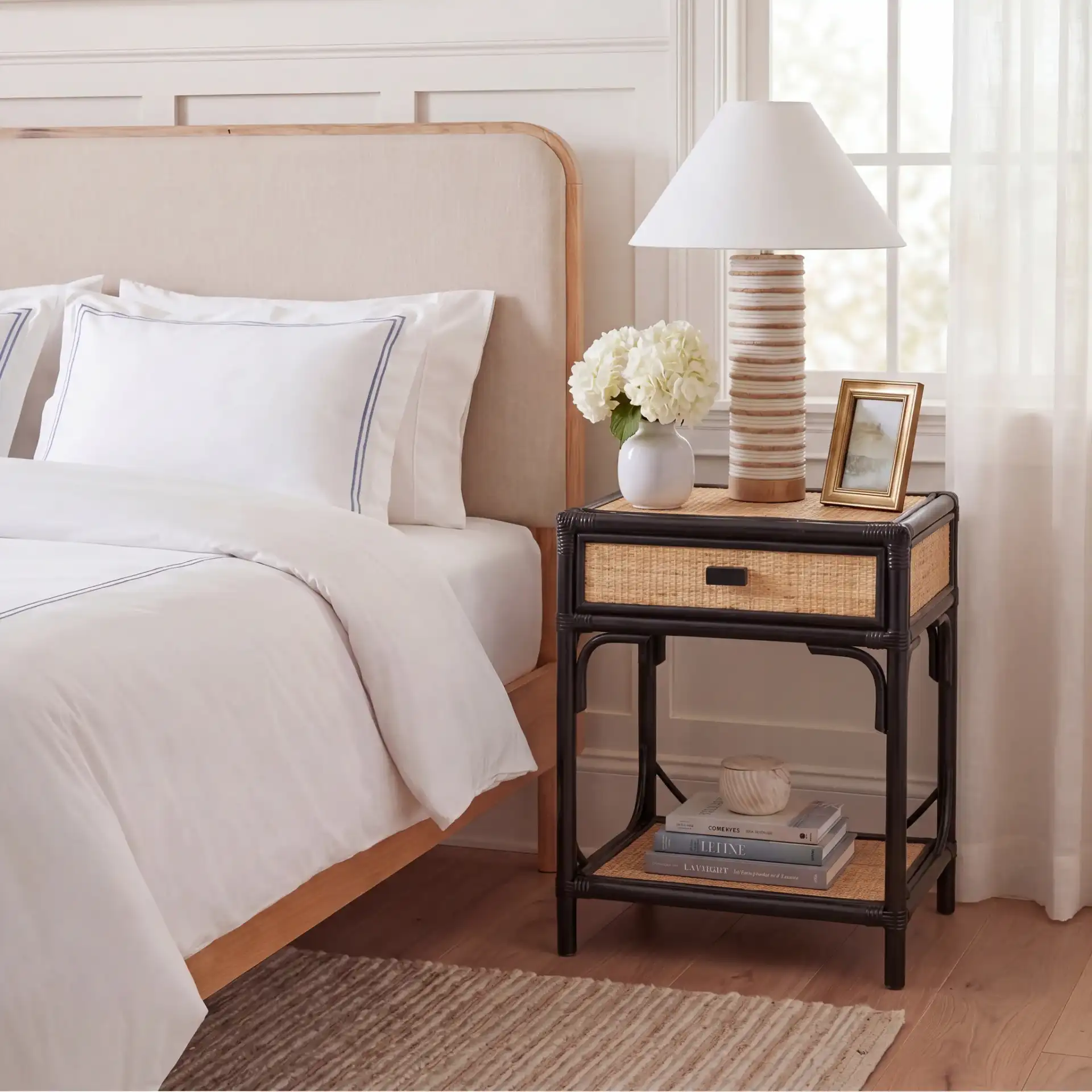 Roya One-Drawer One-Shelf Nightstand in Black / Natural in a styled room