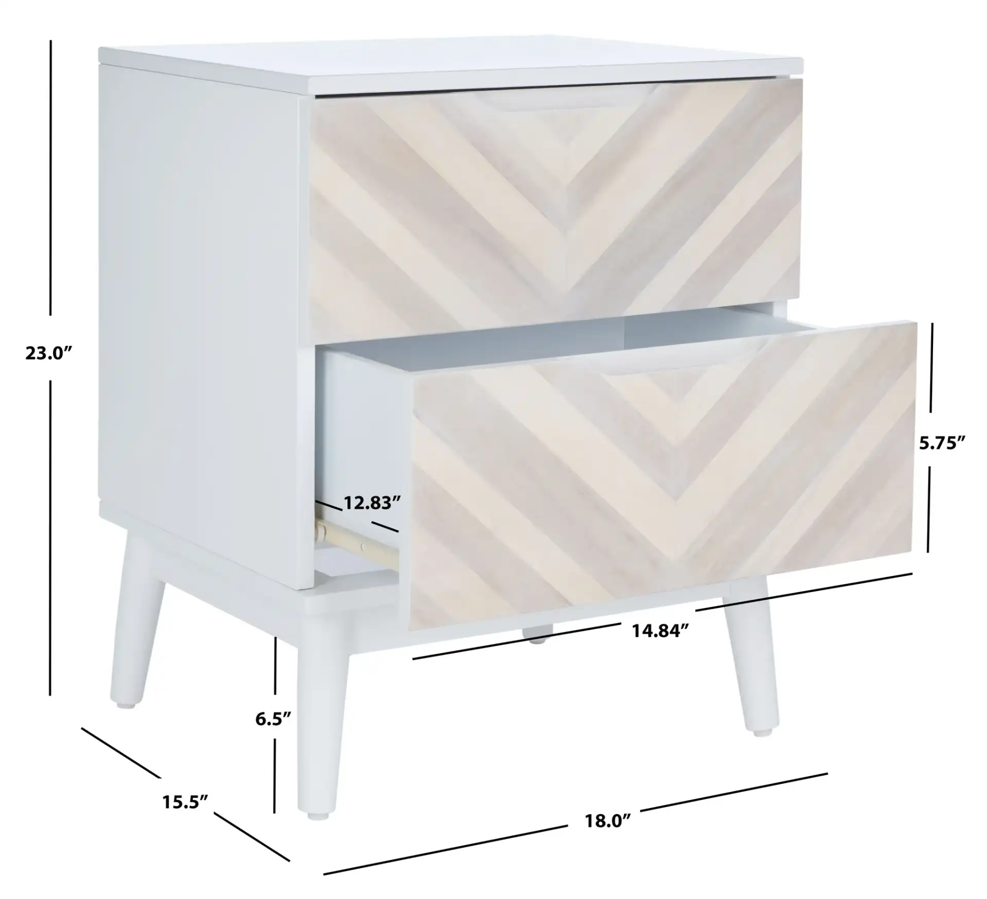 Tay Two-Drawer Patterned Nightstand in White Washed, detail view
