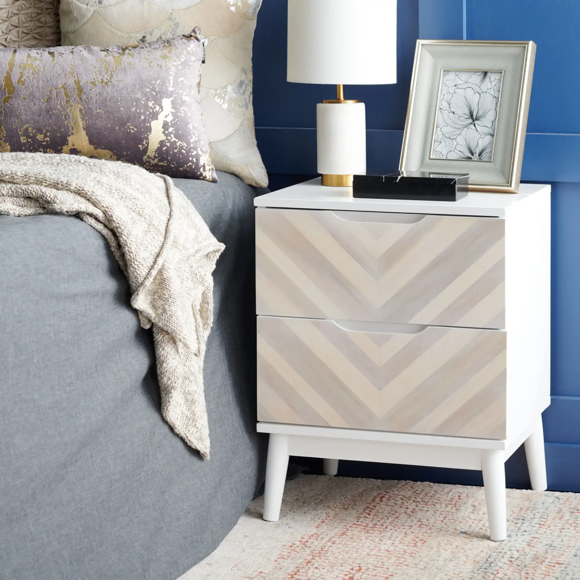 Tay Two-Drawer Patterned Nightstand in White Washed in a styled room