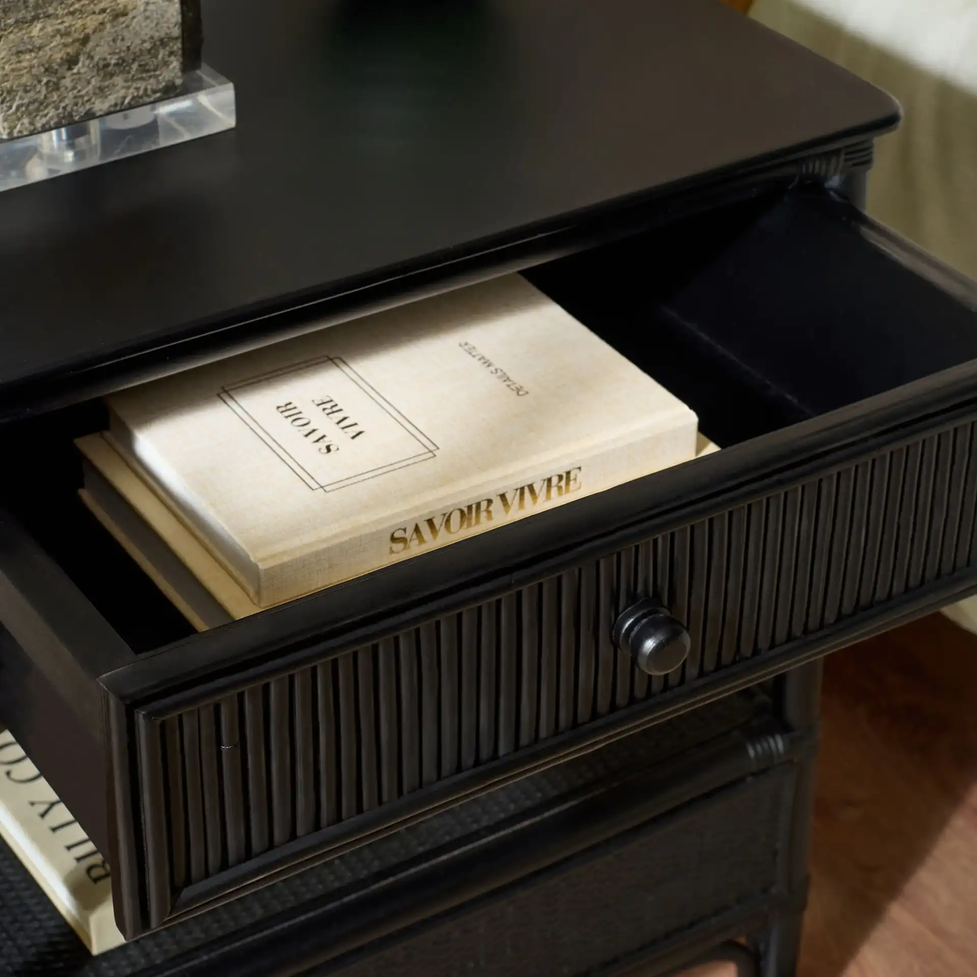 Imari One-Drawer One-Shelf Nightstand in Black in a styled room