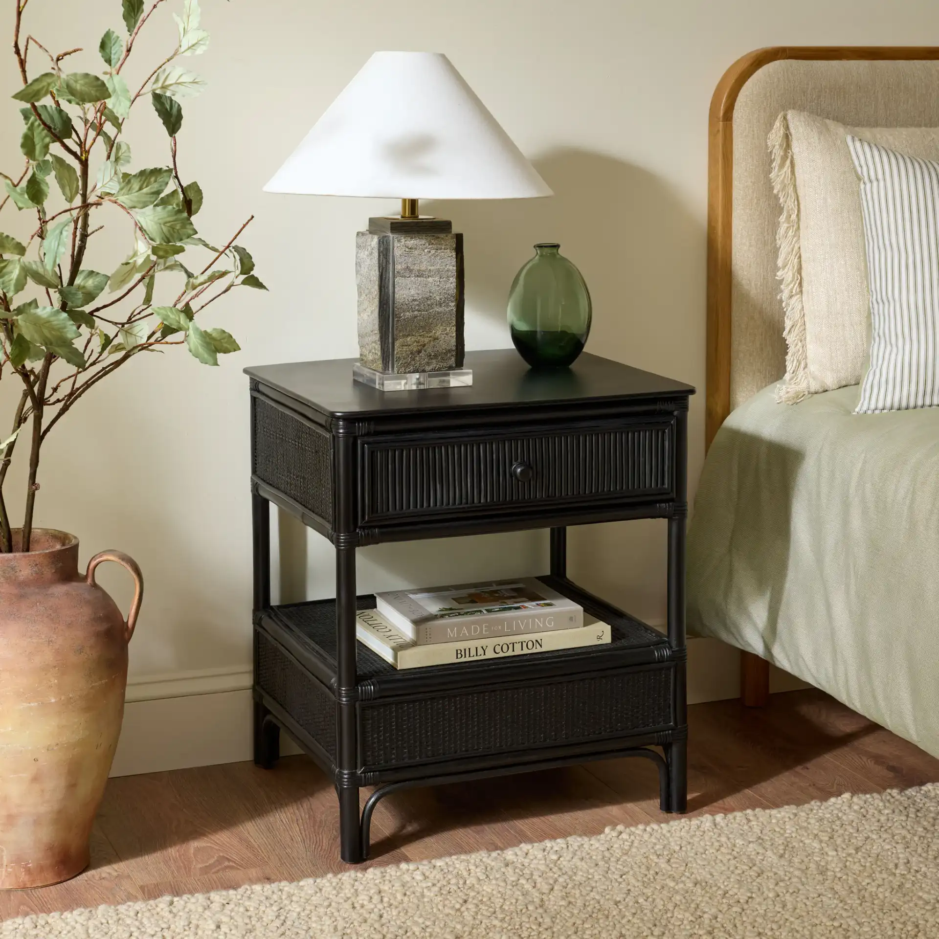 Imari One-Drawer One-Shelf Nightstand in Black in a styled room