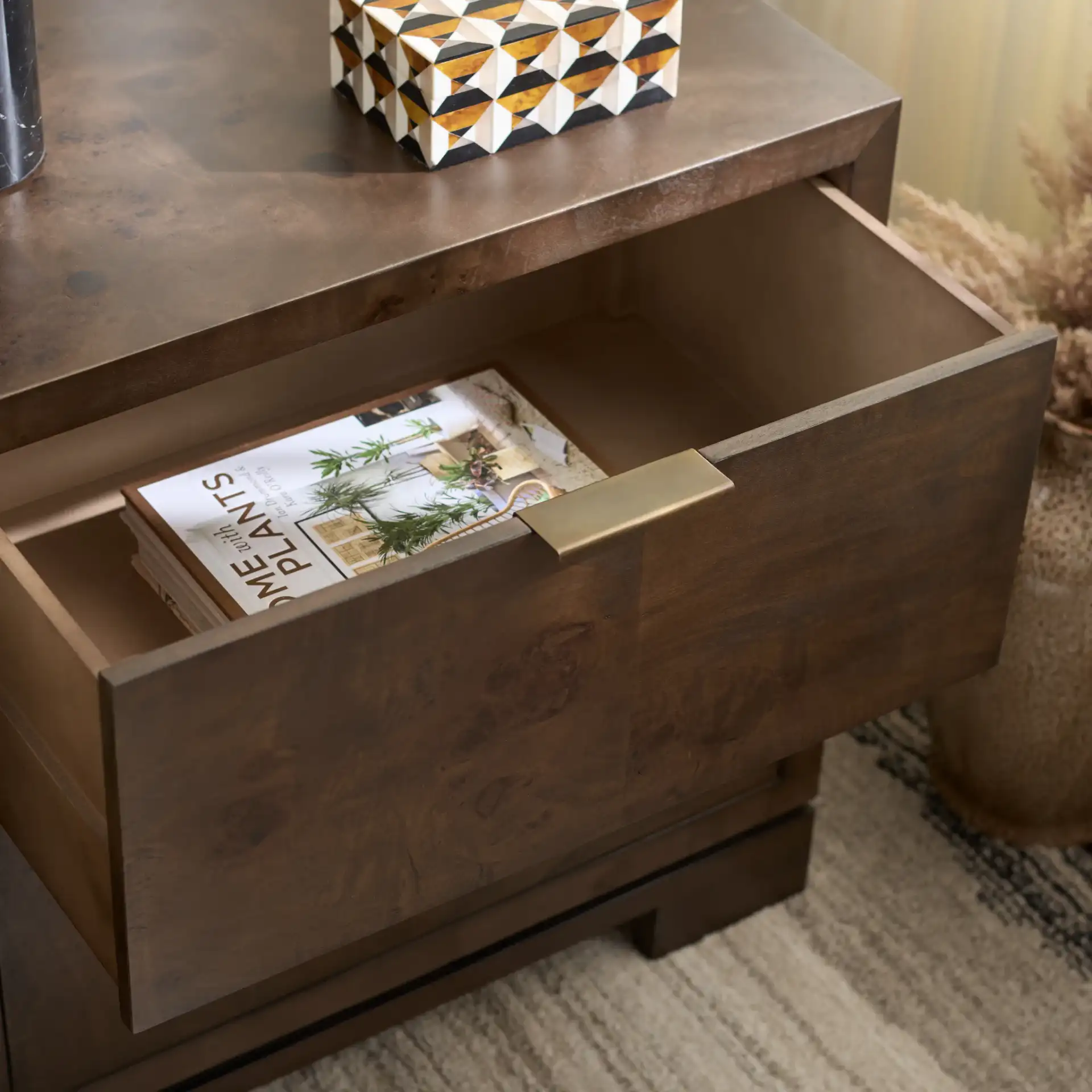 Lavana Two-Drawer Nightstand in Dark Oak in a styled room