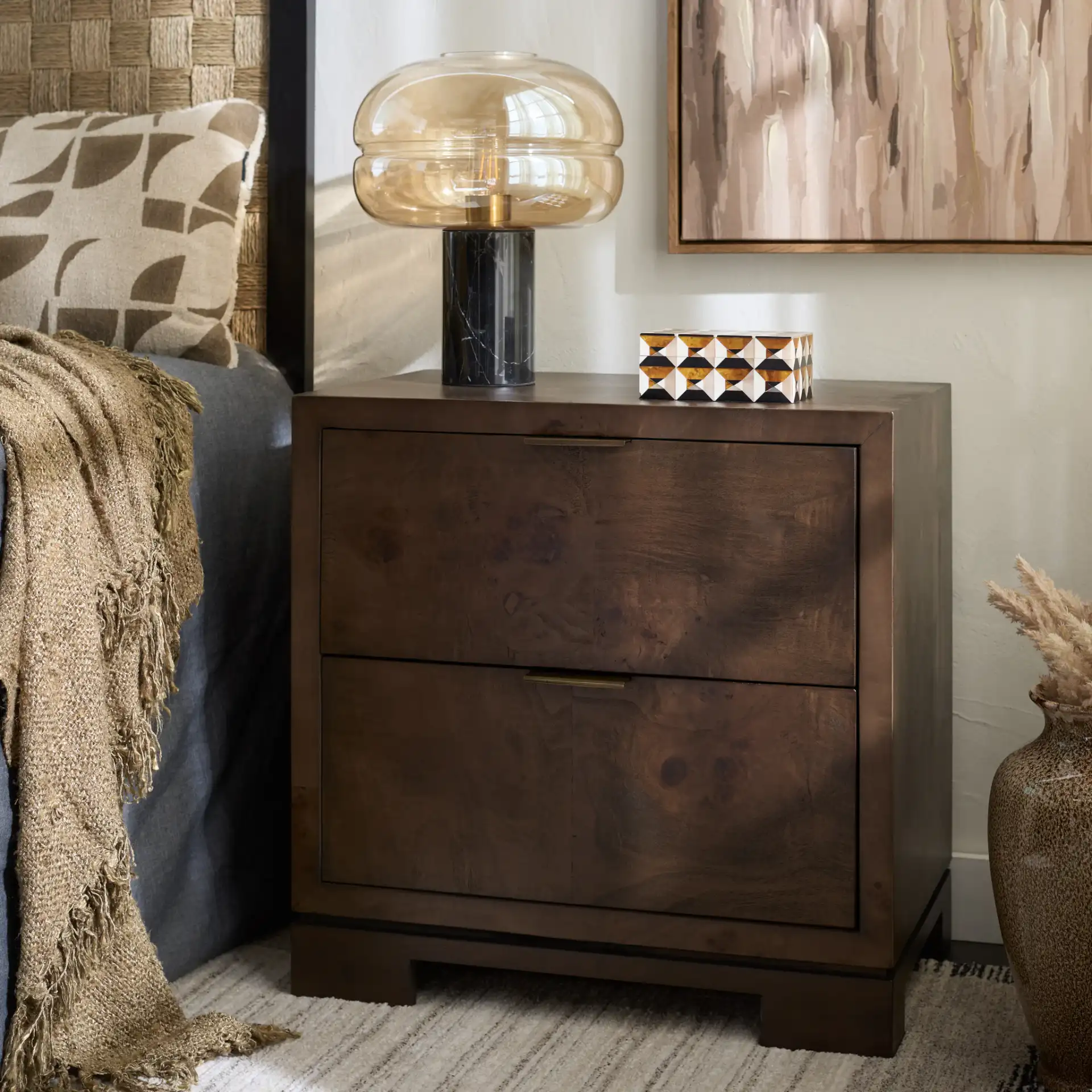 Lavana Two-Drawer Nightstand in Dark Oak in a styled room