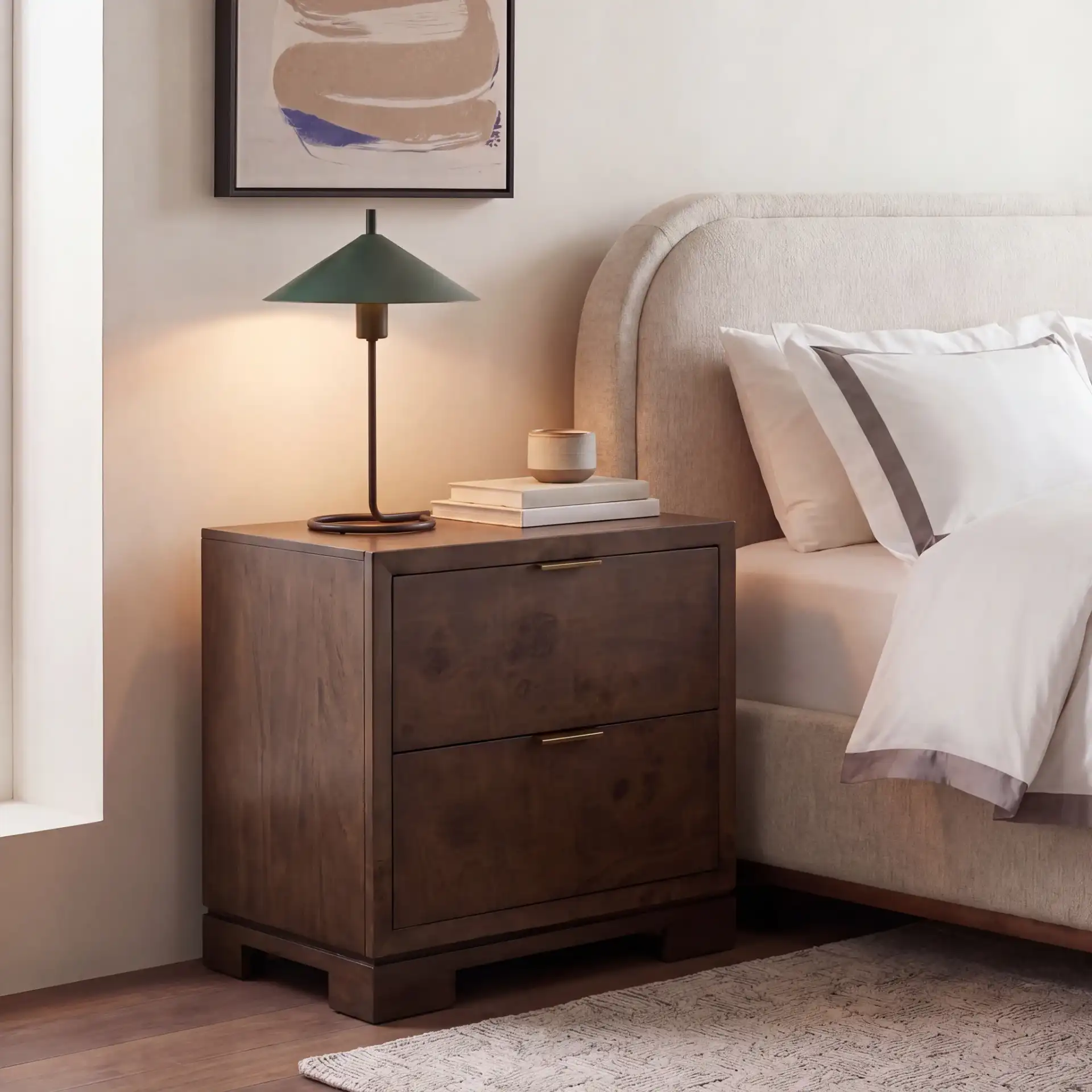 Lavana Two-Drawer Nightstand in Dark Oak in a styled room