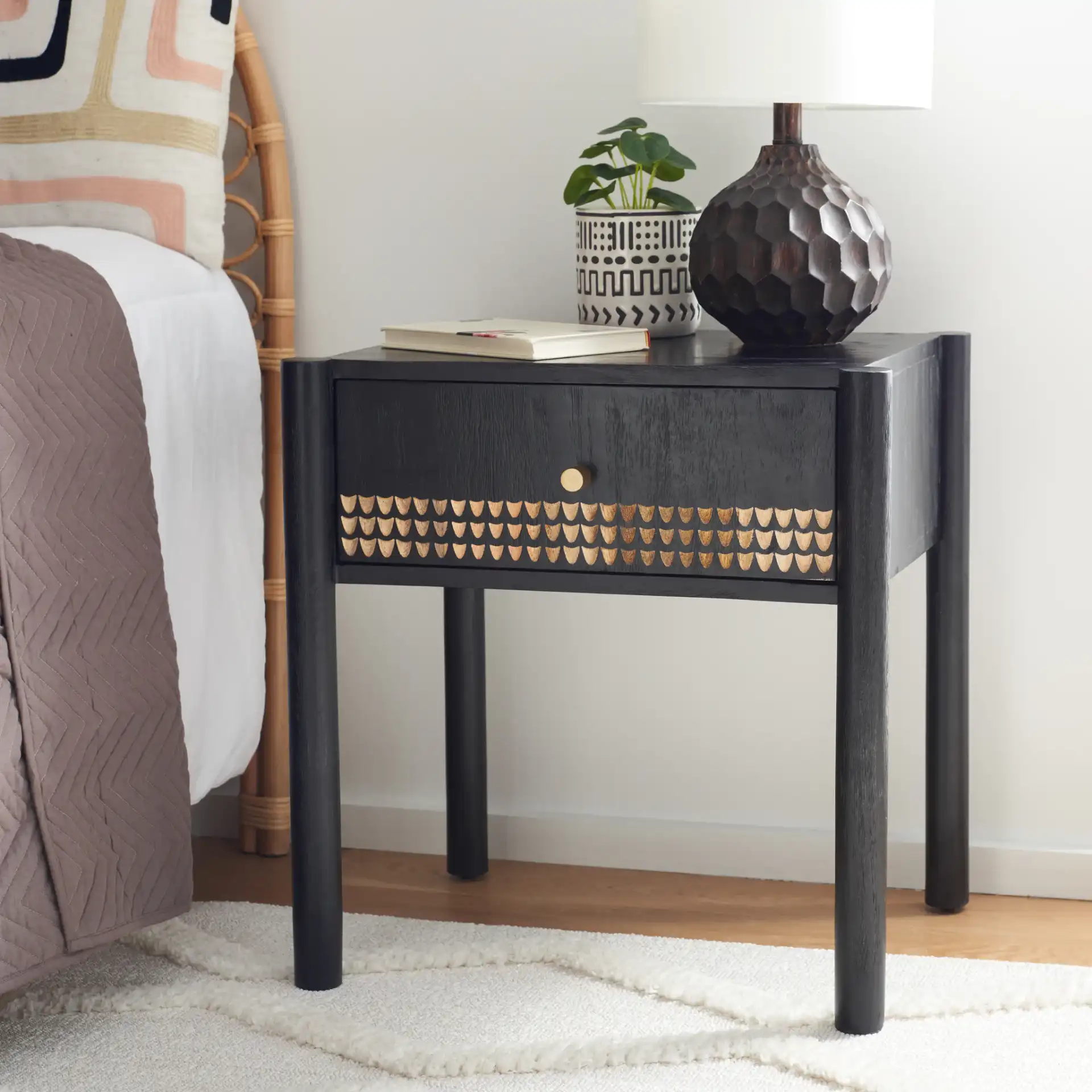 Errington One-Drawer Nightstand in Black / Natural in a styled room