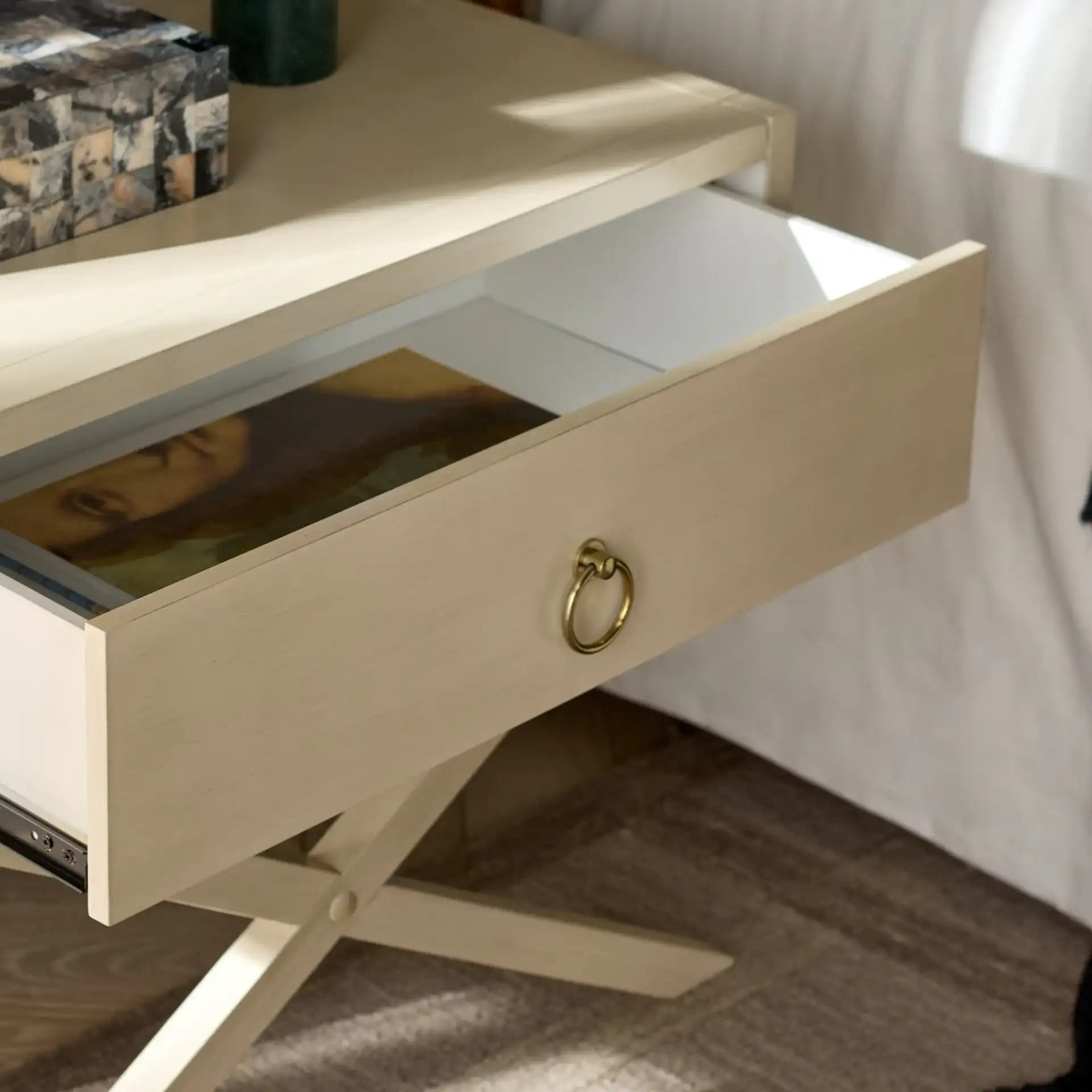 Large Sadie One-Drawer Nightstand in Antique White in a styled room