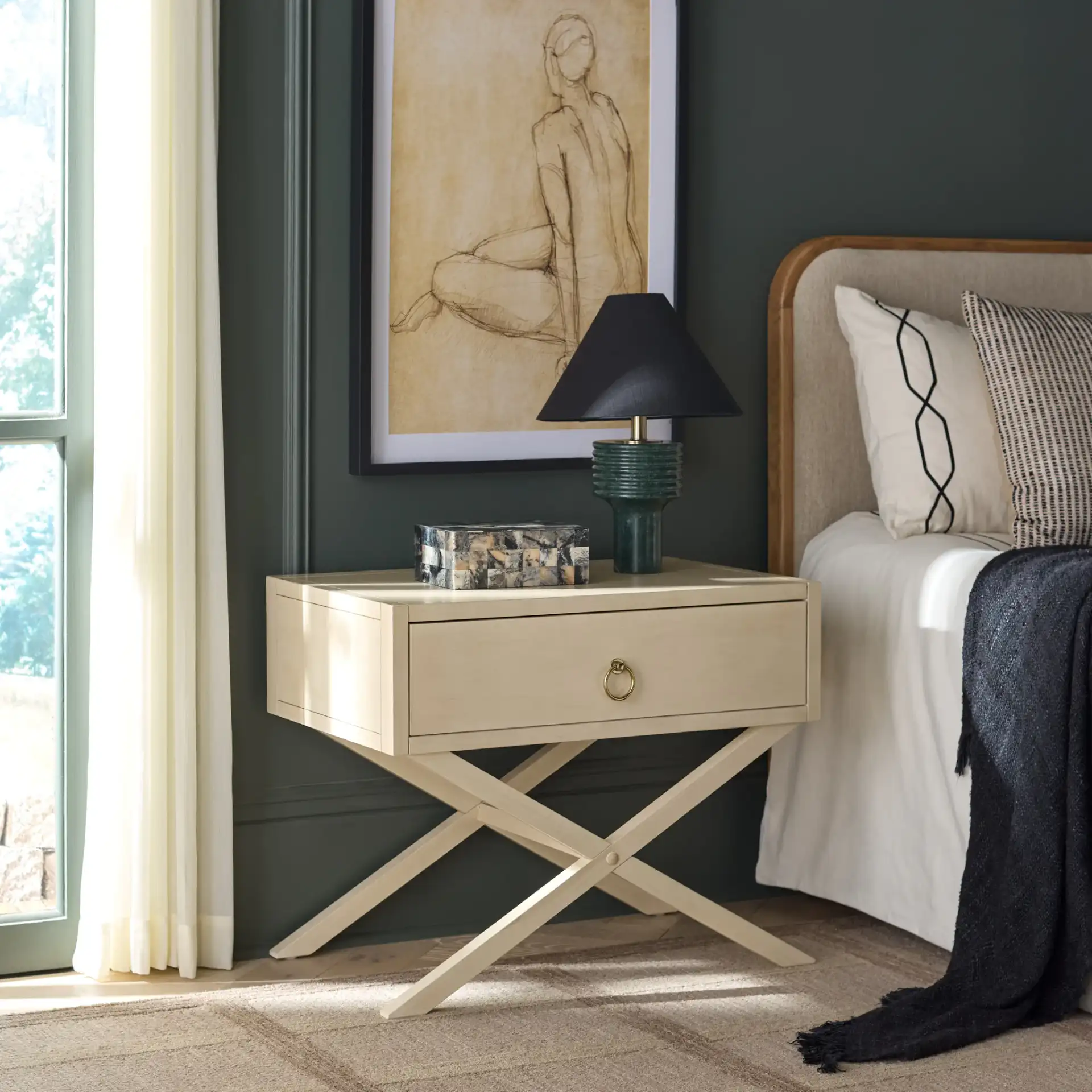 Large Sadie One-Drawer Nightstand in Antique White in a styled room