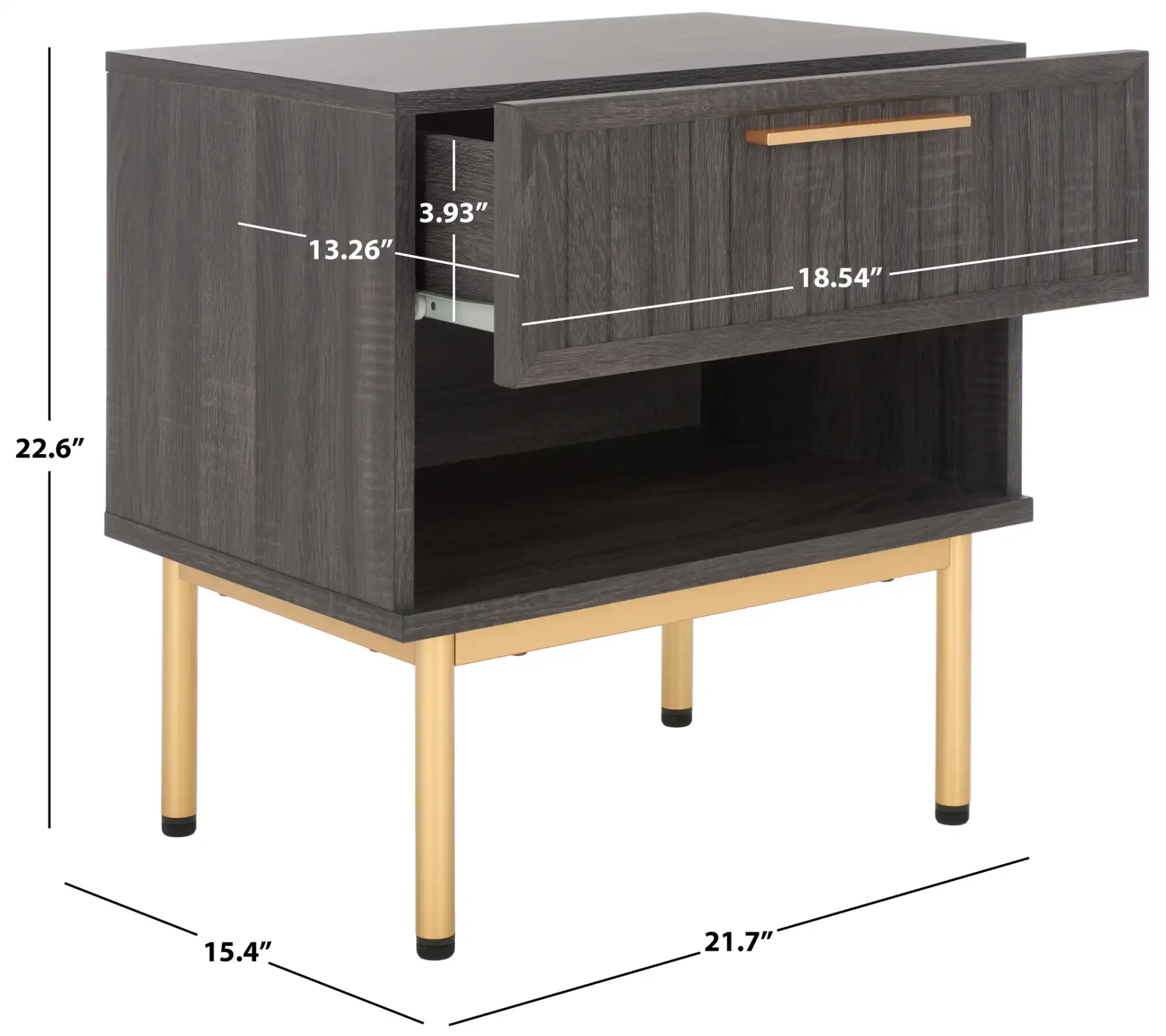 Axelle One-Drawer Nightstand in Distressed Black / Gold, detail view