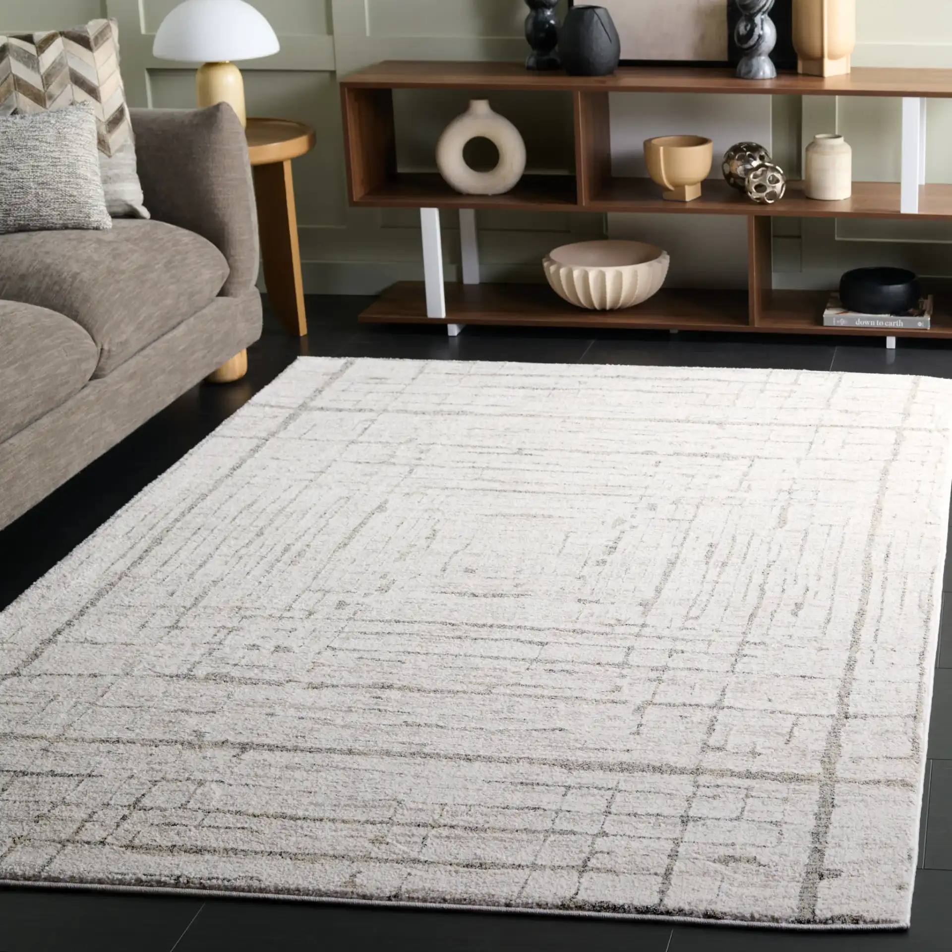 Northport Concentric Square Rug in Ivory / Gray in a styled room
