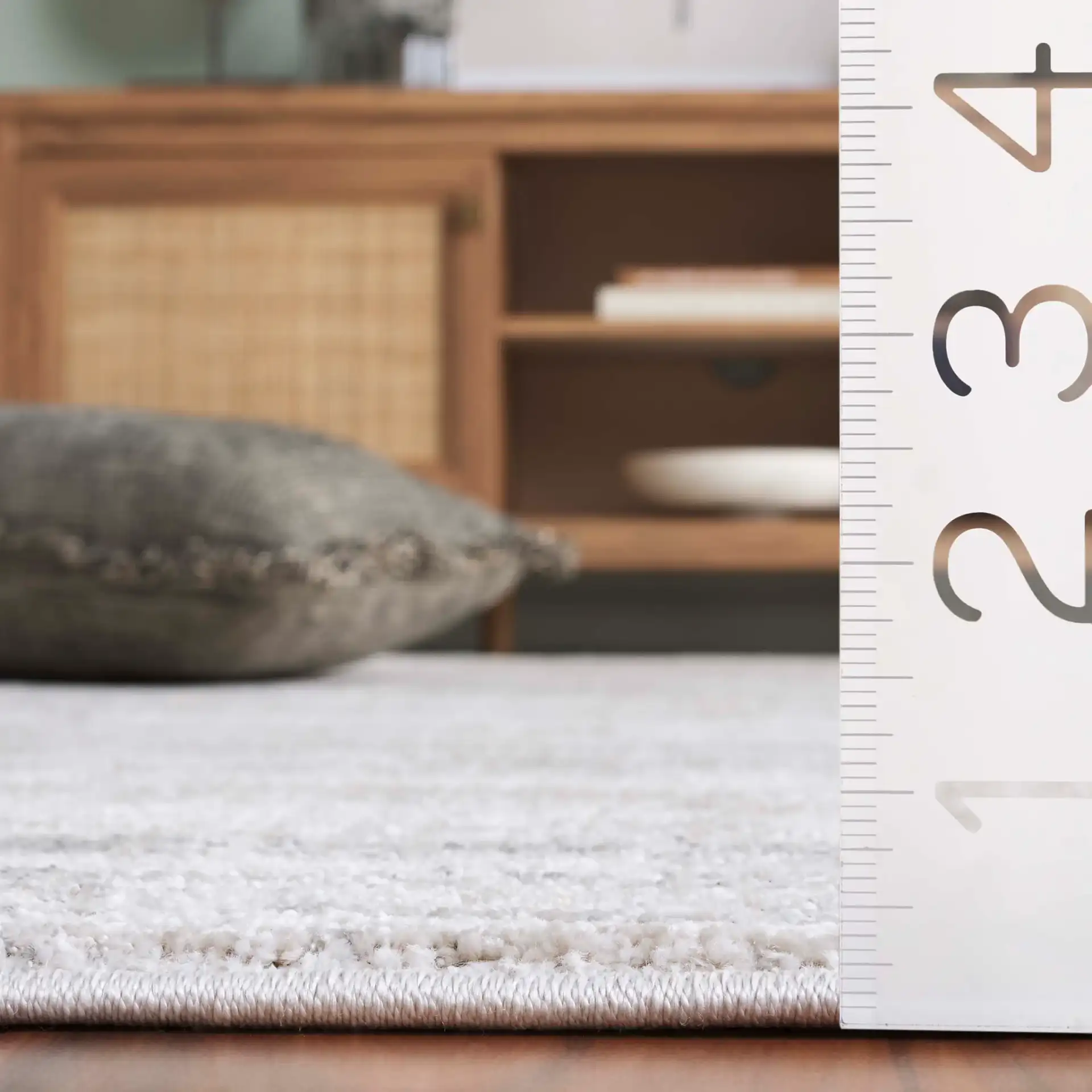 Northport Striated Border Rug in Ivory / Gray in a styled room