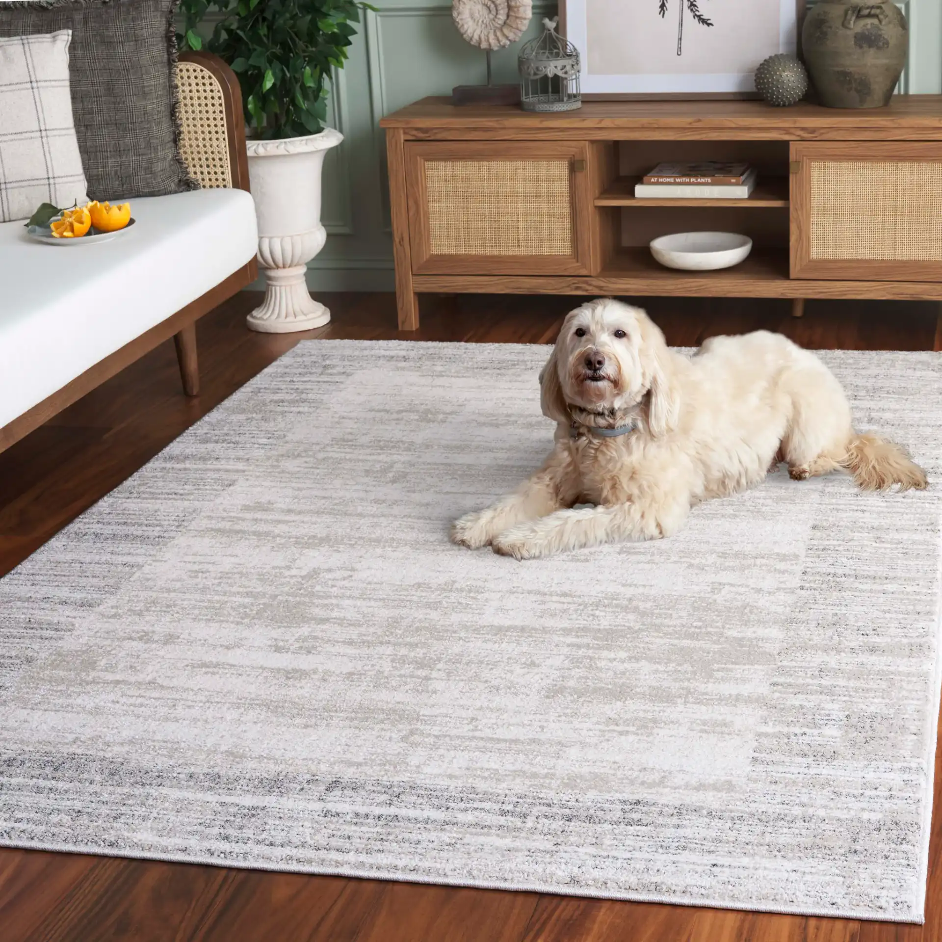 Northport Striated Border Rug in Ivory / Gray in a styled room