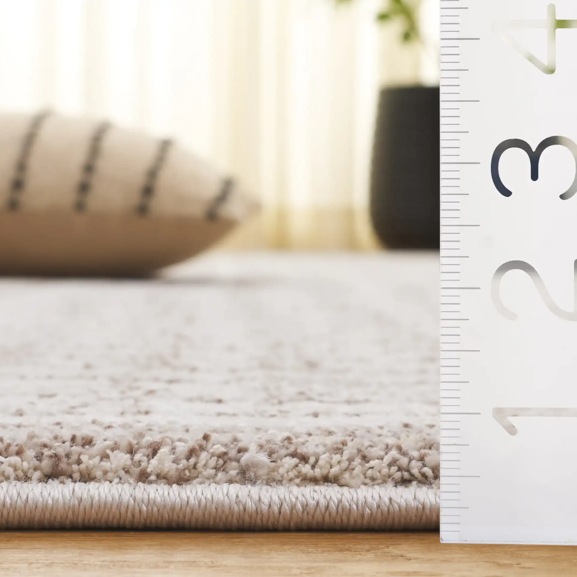Northport Triangle Stripe Rug in Ivory / Beige in a styled room
