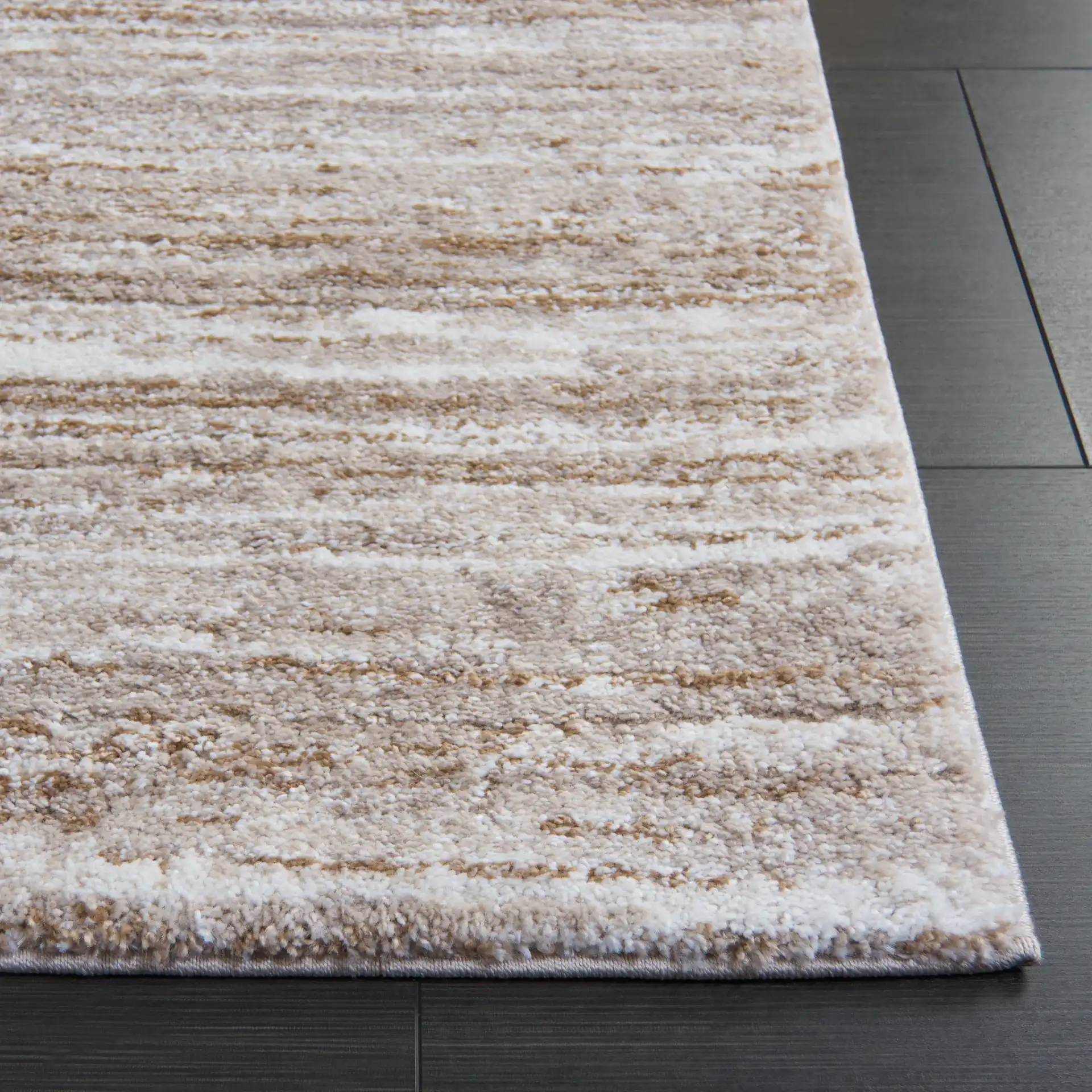 Northport Linear Abstract Rug in Taupe / Ivory in a styled room