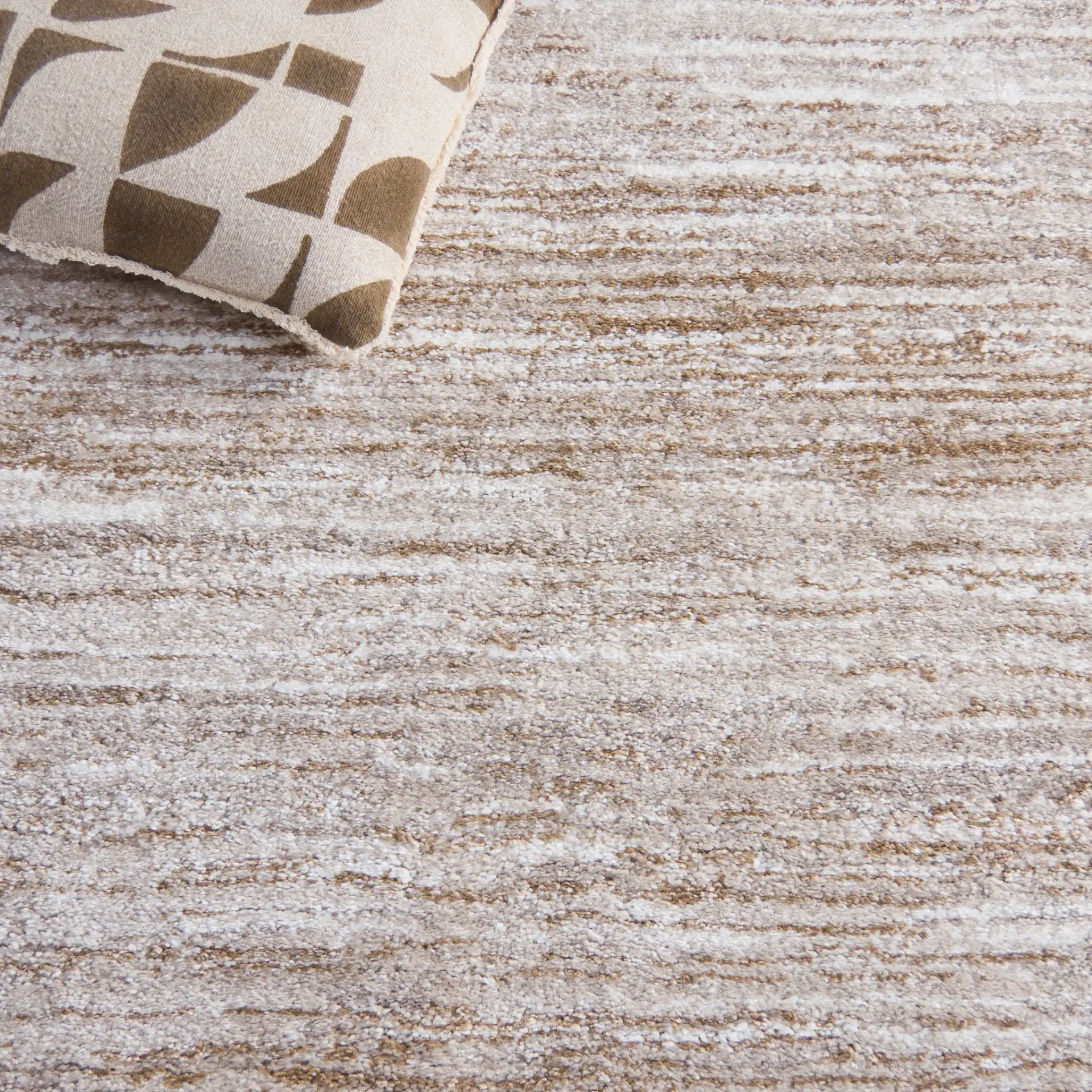 Northport Linear Abstract Rug in Taupe / Ivory in a styled room