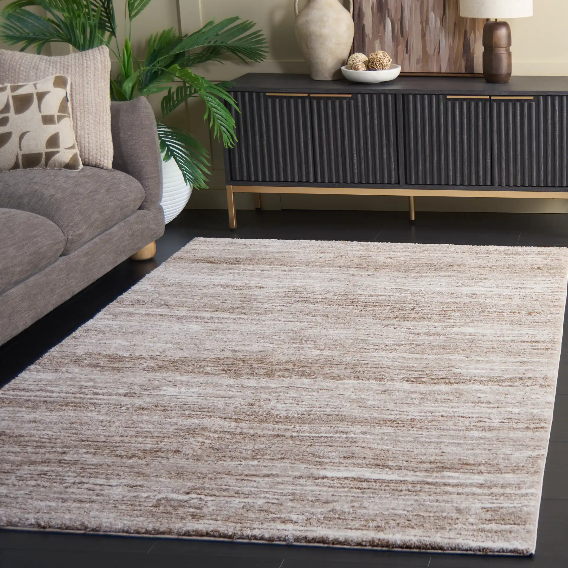 Northport Linear Abstract Rug in Taupe / Ivory in a styled room