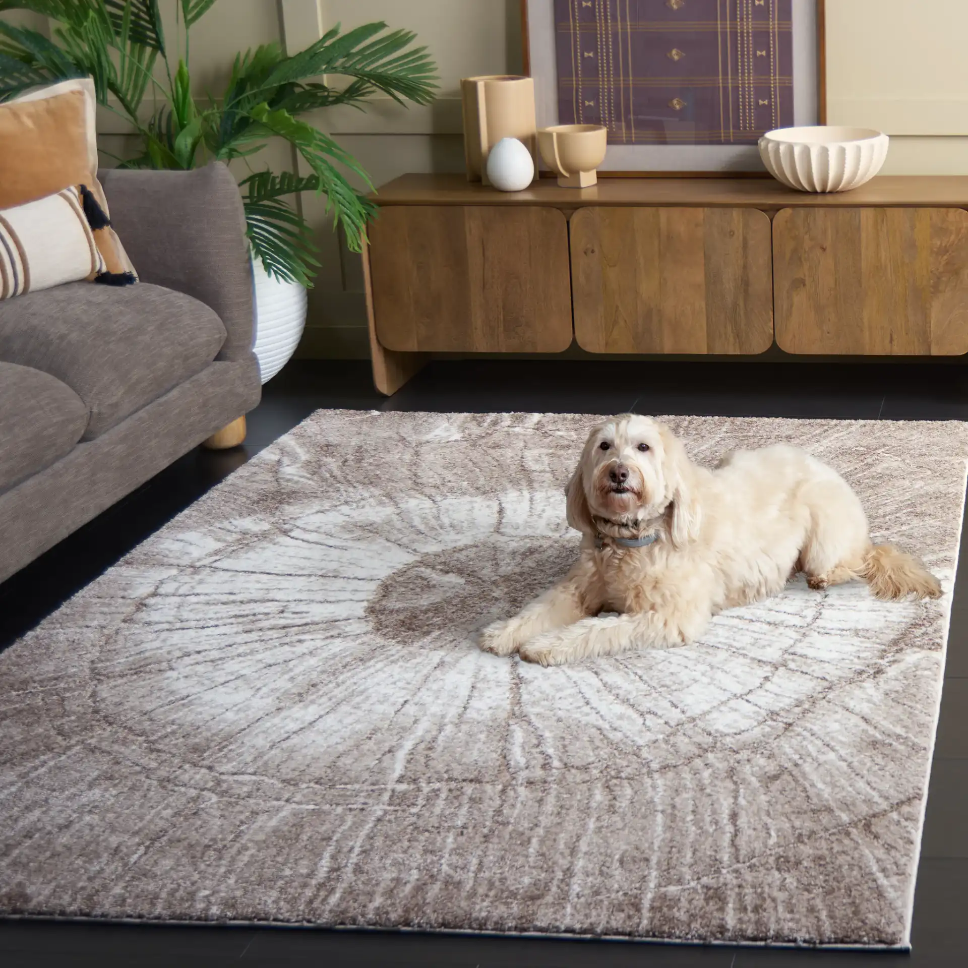 Northport Radial Ring Rug in Taupe / Ivory in a styled room