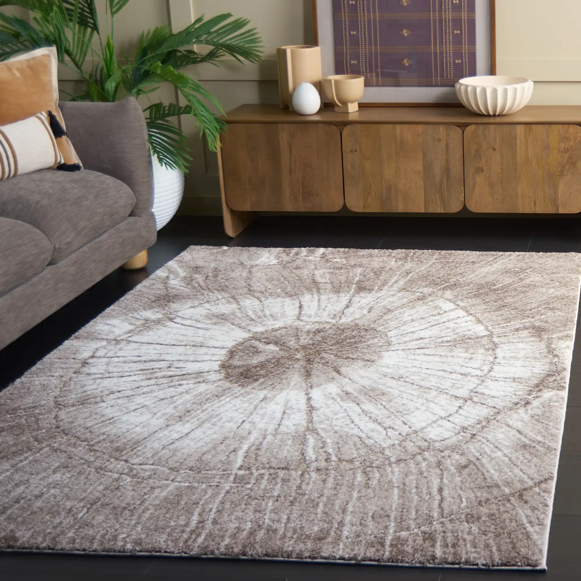 Northport Radial Ring Rug in Taupe / Ivory in a styled room