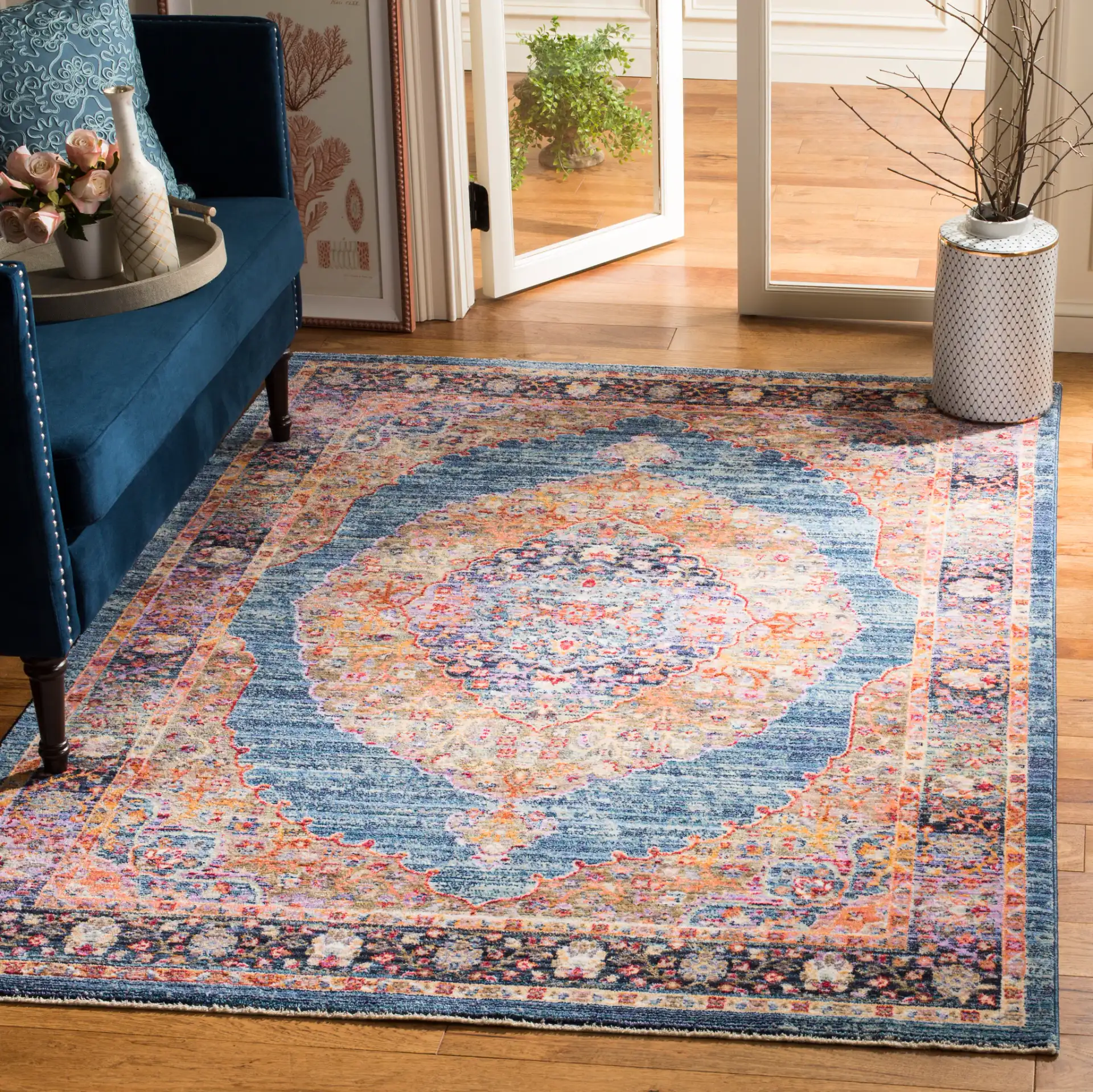 Nirvana Medallion Rug in Navy / Multicolor in a styled room