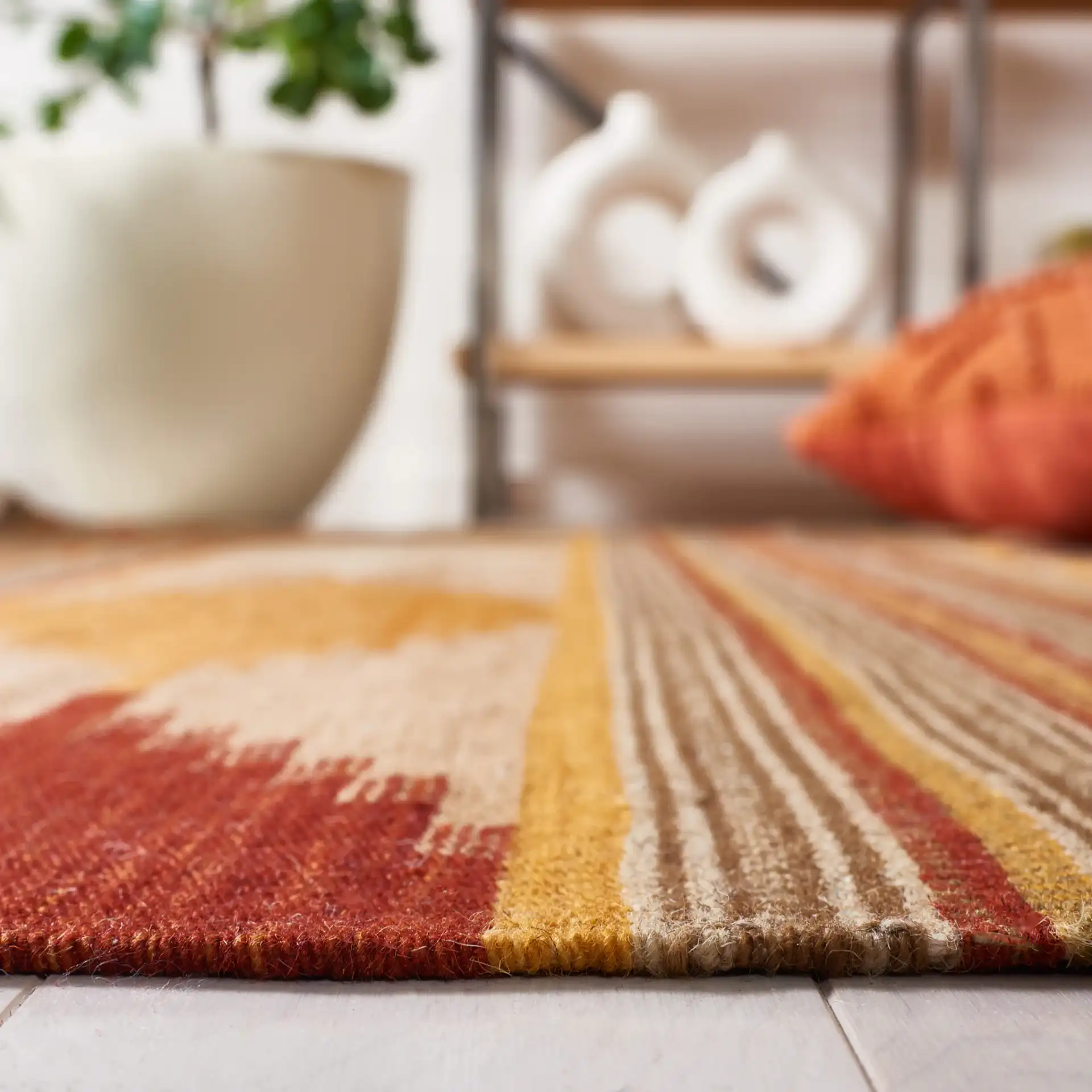 Kilim Diamond Stripe Hand-Woven Wool Rug in Natural / Multicolor in a styled room