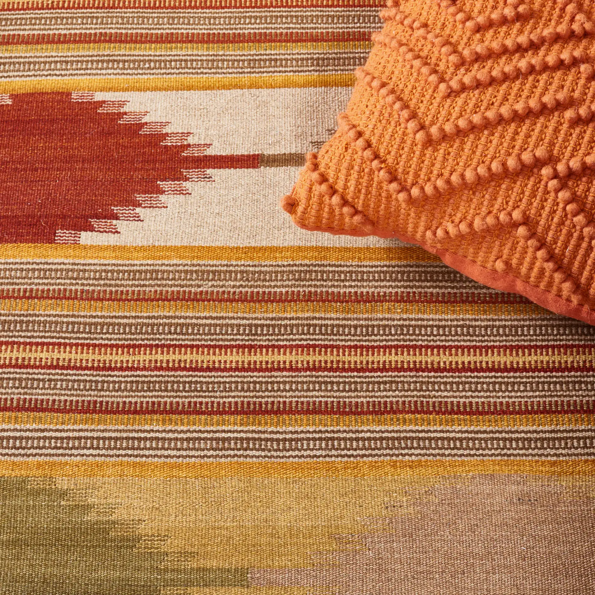Kilim Diamond Stripe Hand-Woven Wool Rug in Natural / Multicolor in a styled room