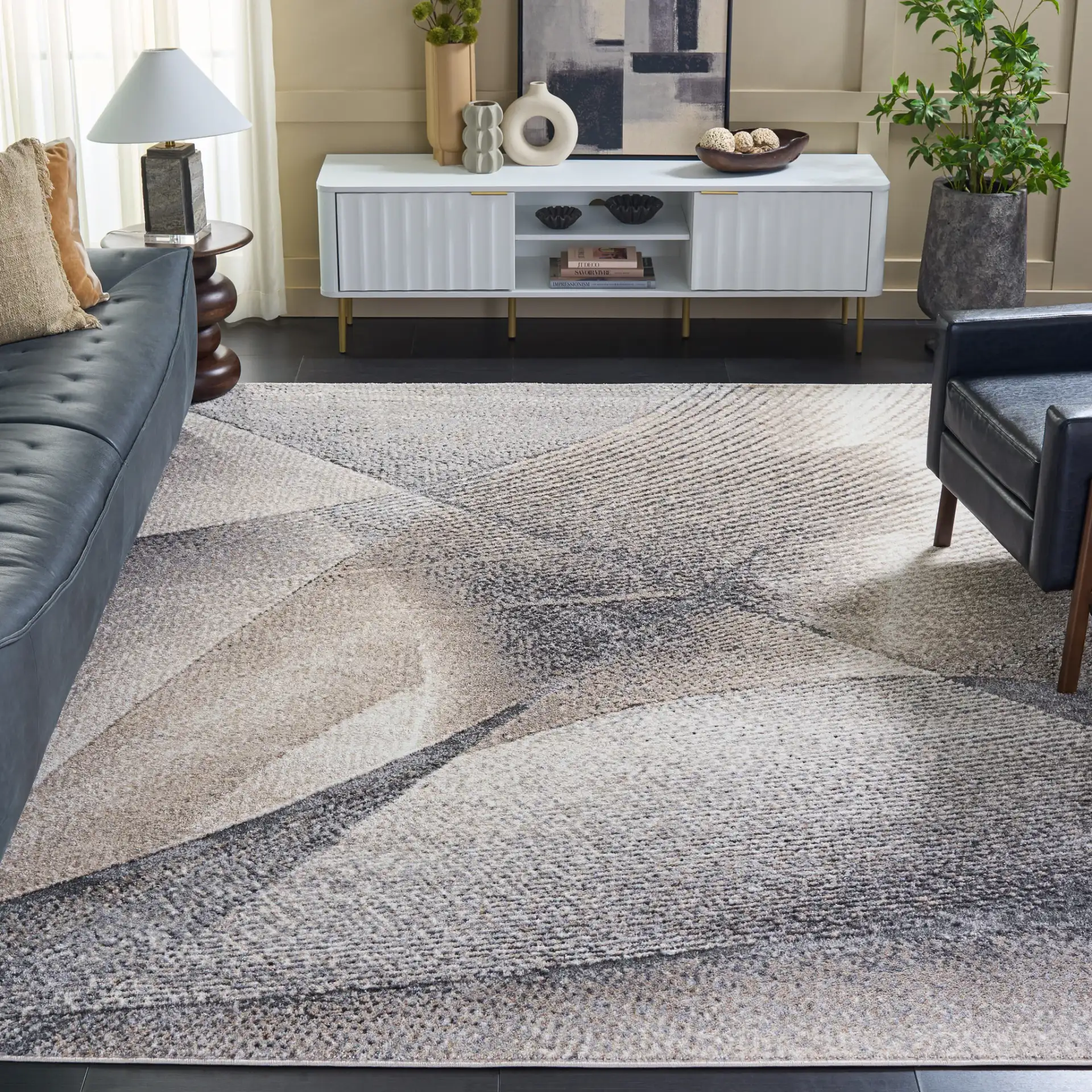 Opal Intersecting Planes Rug in Gray / Ivory in a styled room