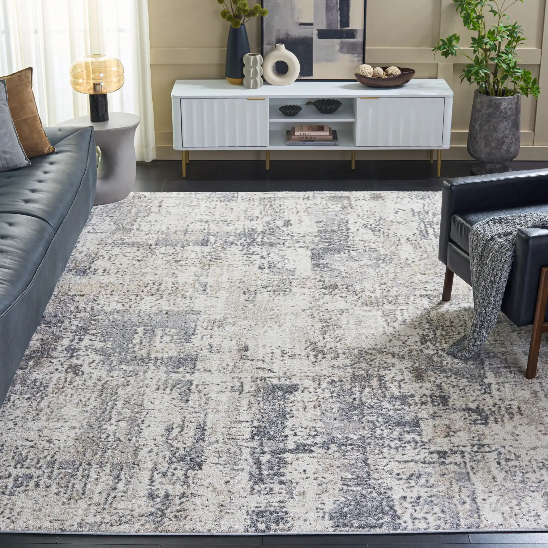Opal Distressed Block Rug in Ivory / Gray in a styled room