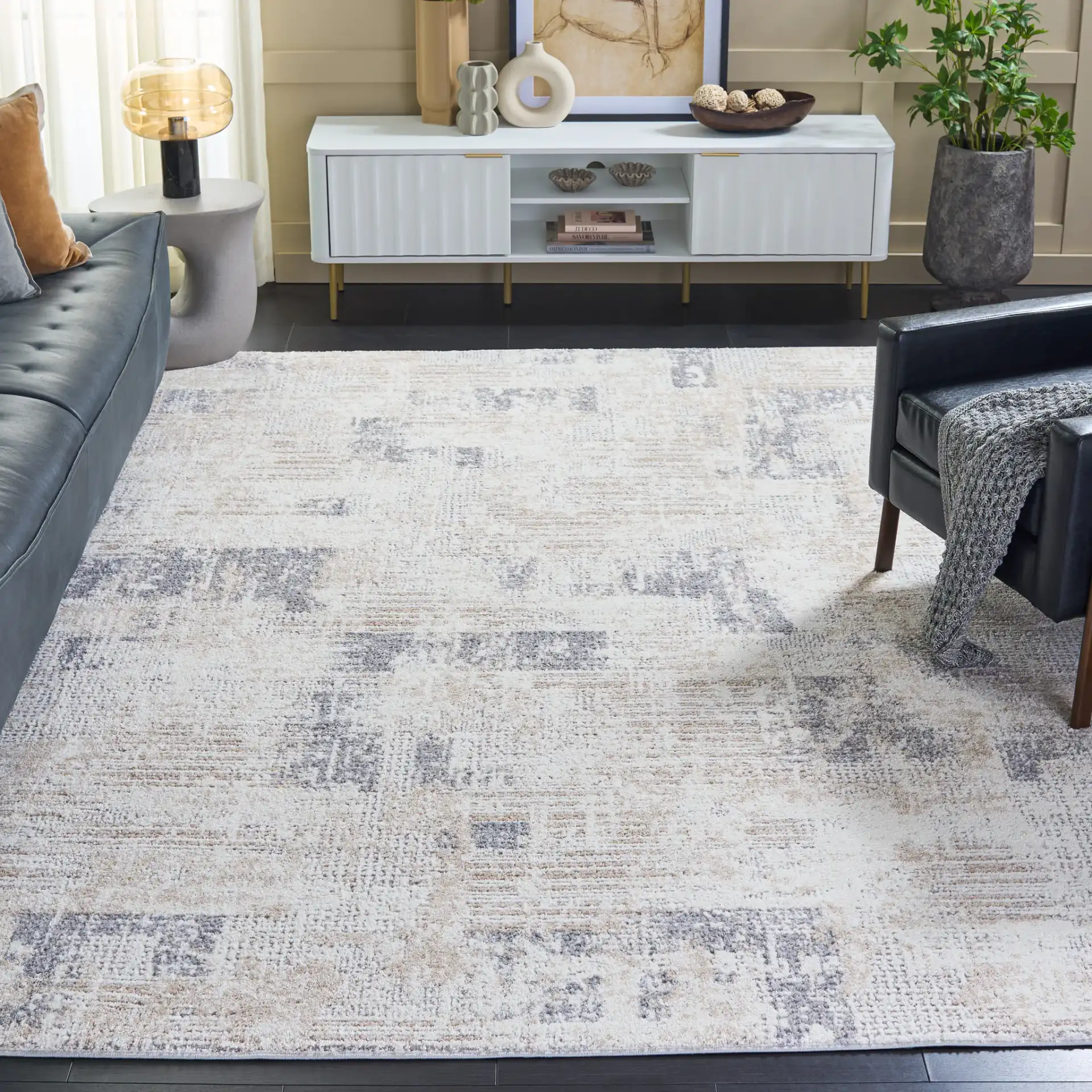Opal Textured Block Rug in Ivory / Gray in a styled room
