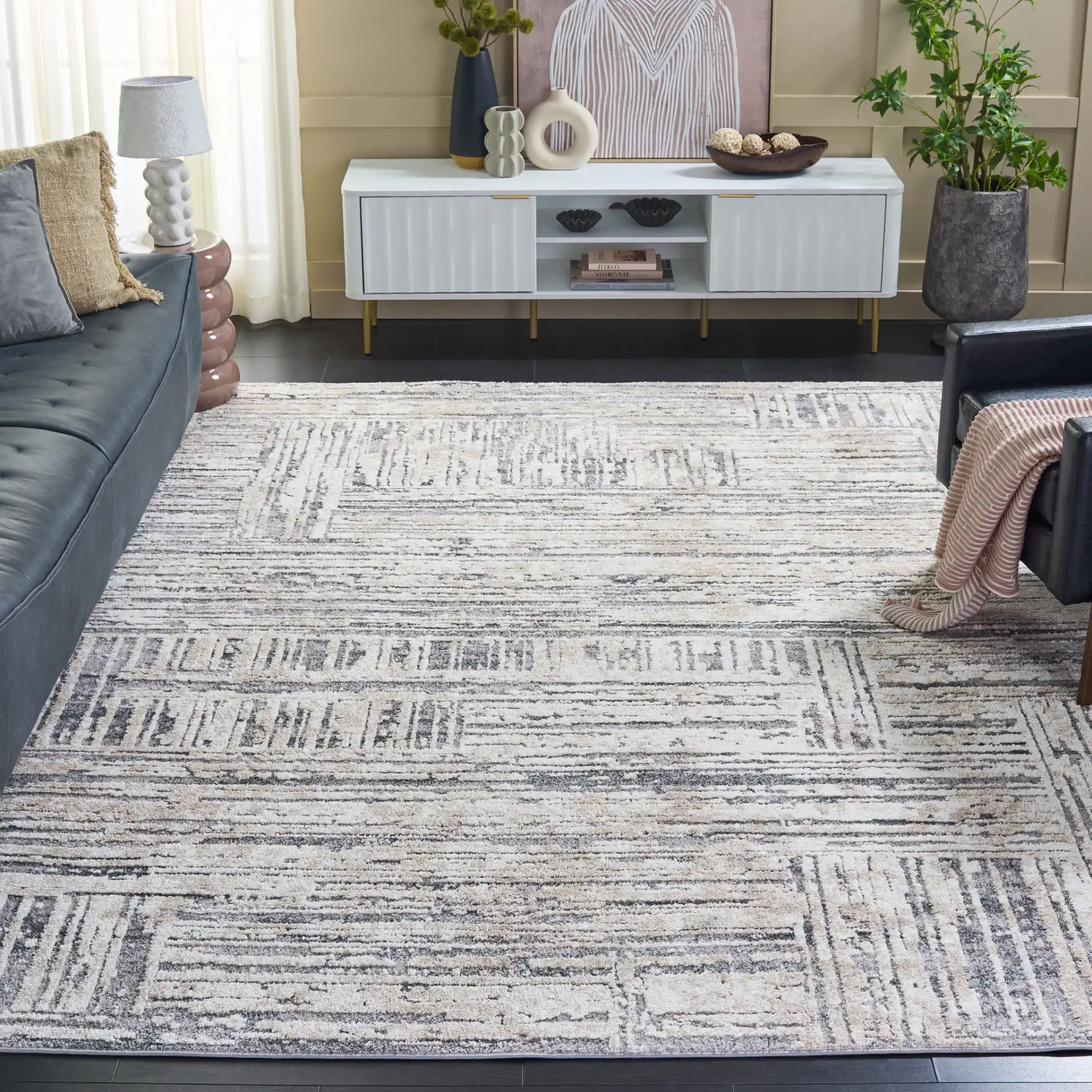 Opal Linear Block Rug in Ivory / Dark Gray in a styled room