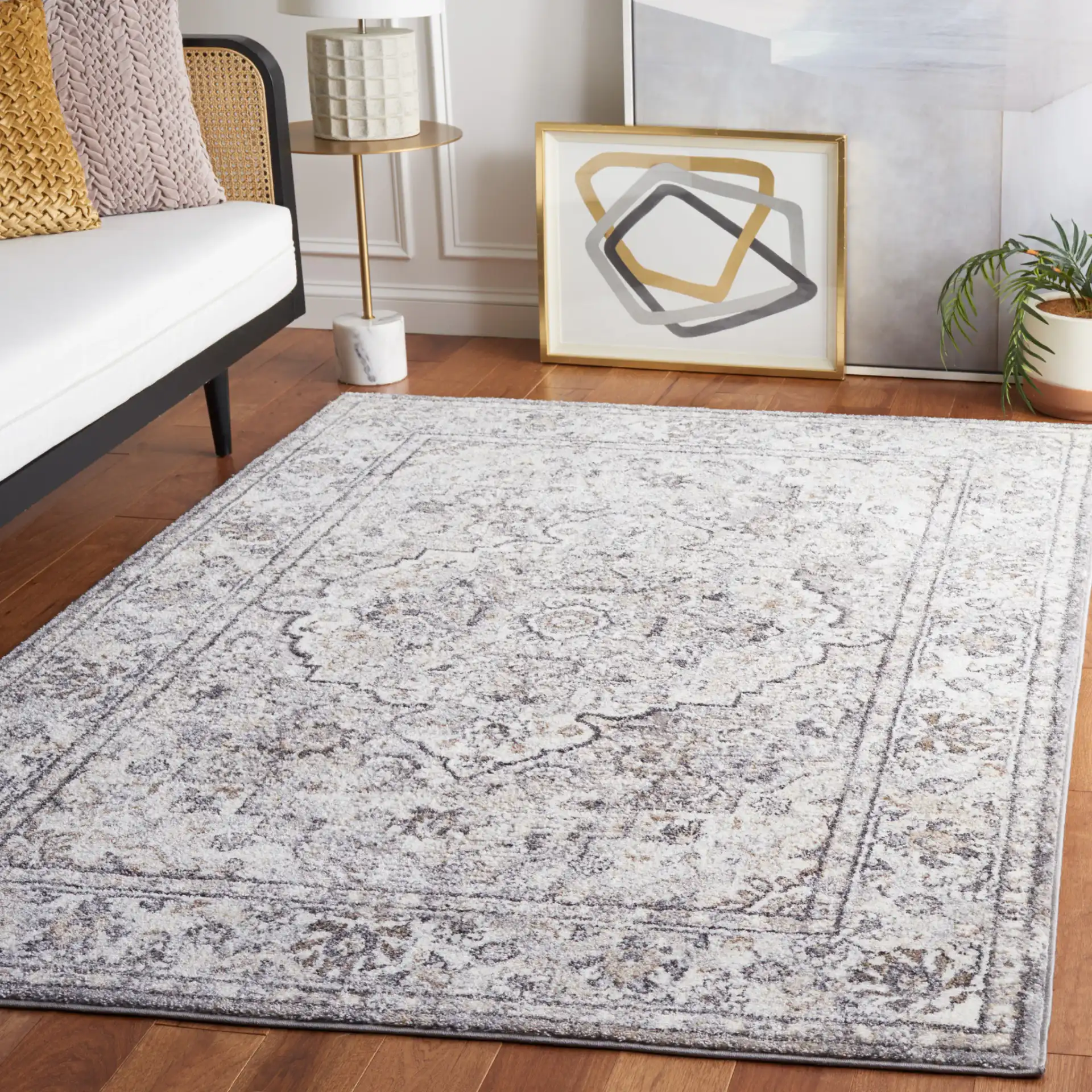 Opal Medallion Rug in Gray / Ivory in a styled room