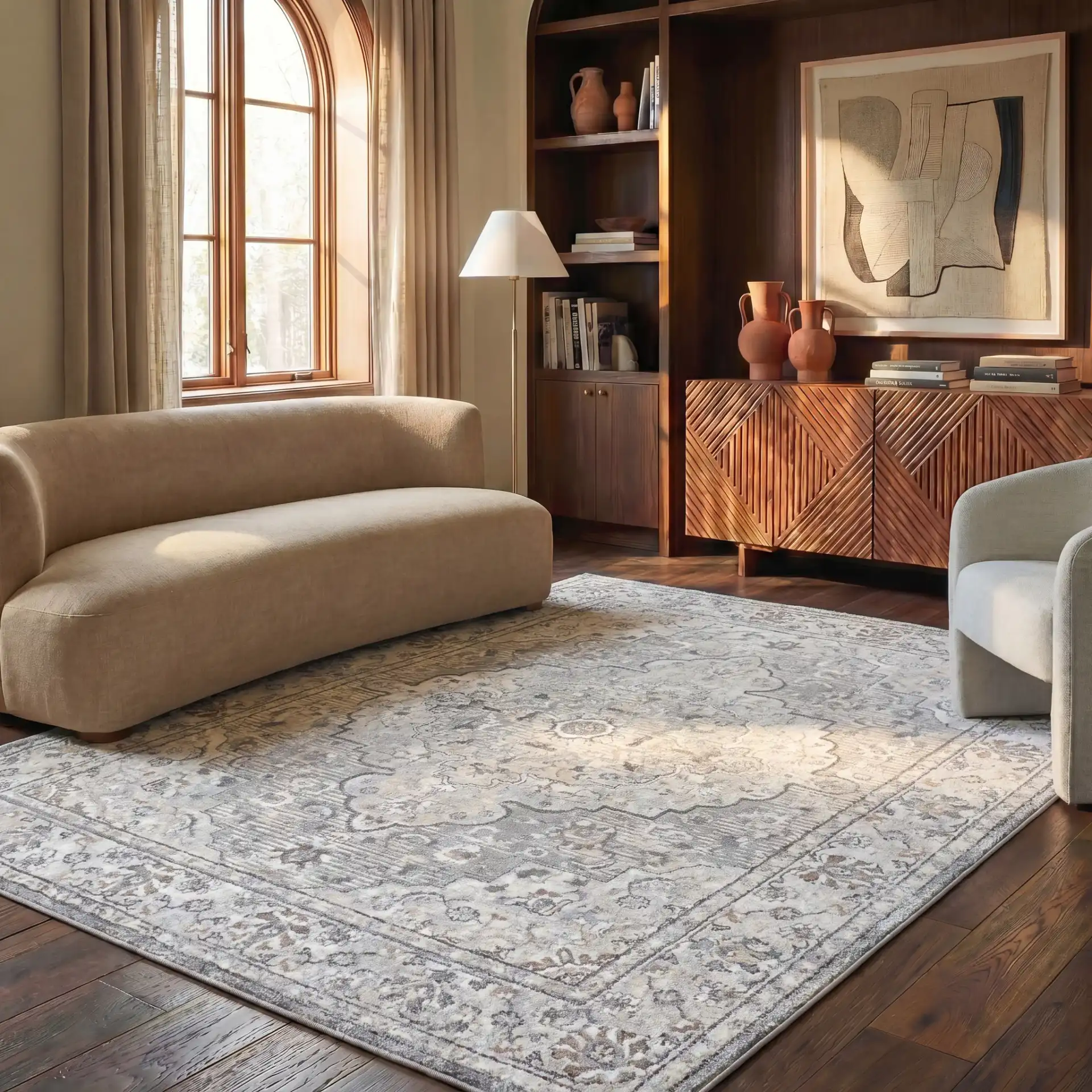 Opal Medallion Rug in Gray / Ivory in a styled room