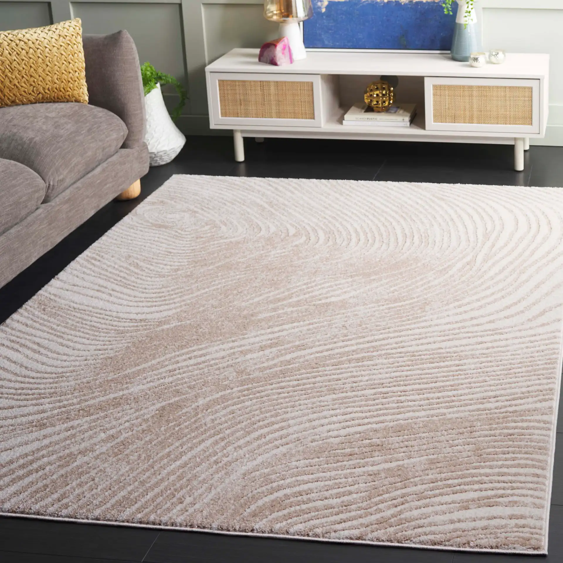 Opal Concentric Wave Rug in Ivory / Beige in a styled room