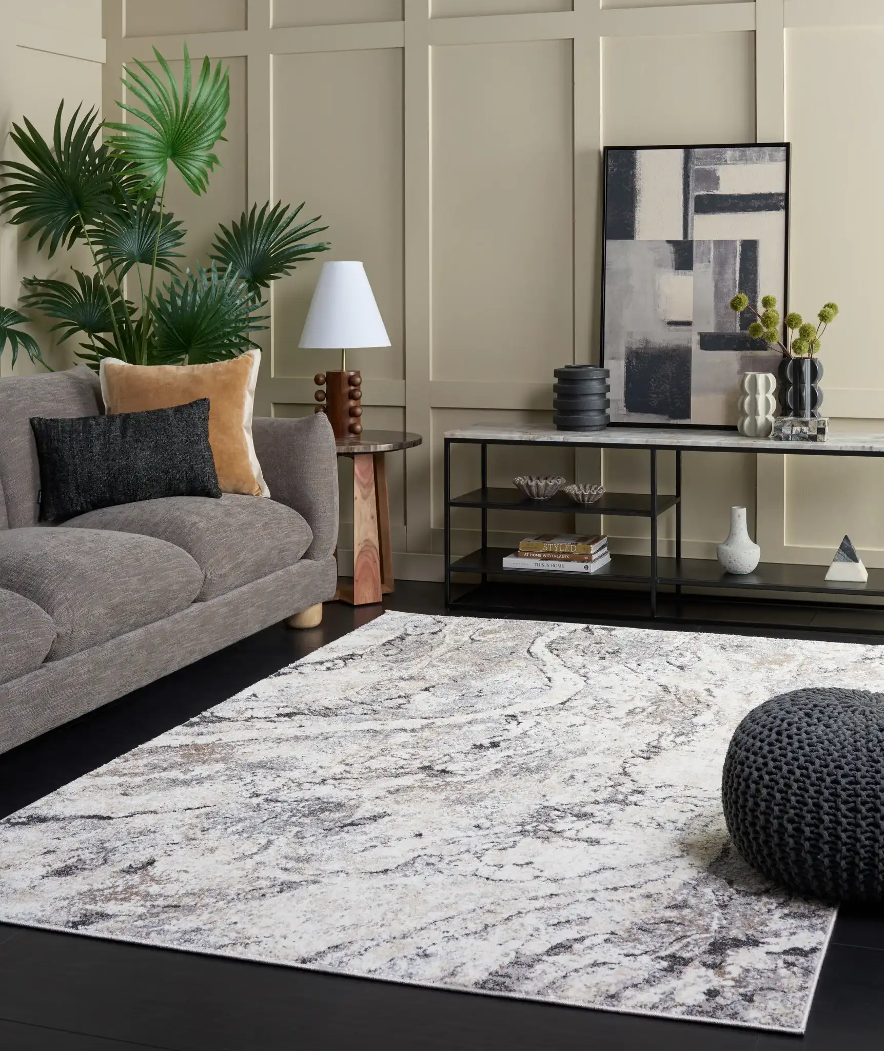Opal Marble Rug in Beige / Gray in a styled room