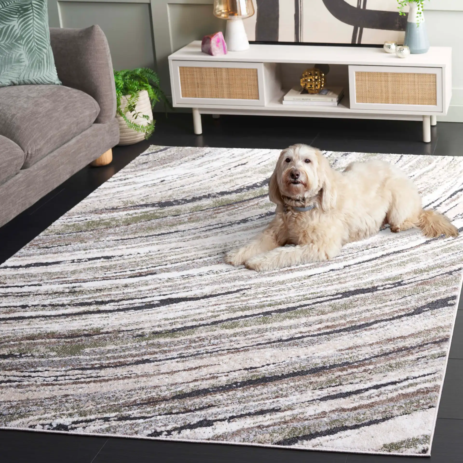 Opal Abstract Marble Rug in Green / Gray Ivory in a styled room