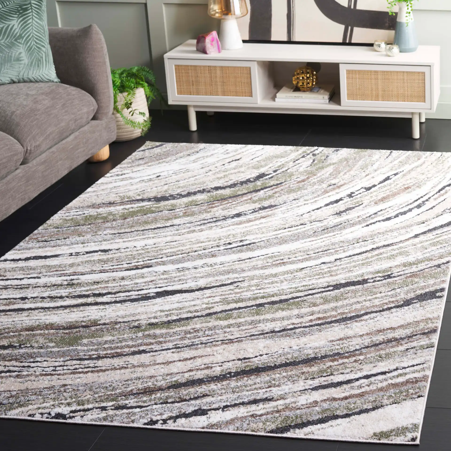 Opal Abstract Marble Rug in Green / Gray Ivory in a styled room