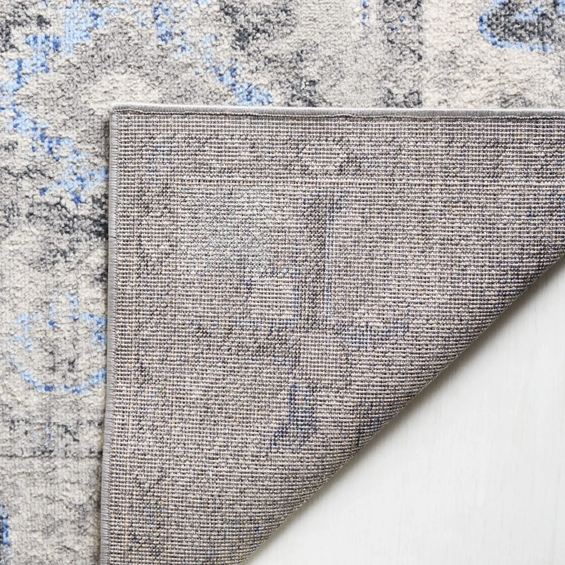 Odyssey Bordered Medallion Rug in Gray / Blue in a styled room