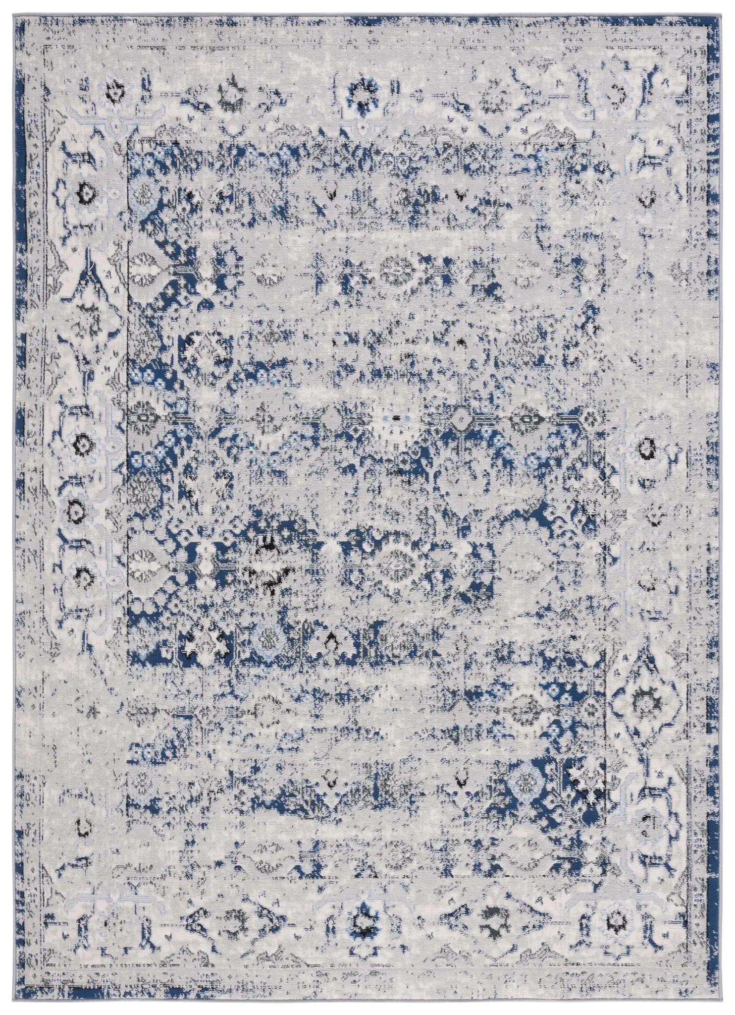 Odyssey Distressed Floral Border Rug in Gray / Navy